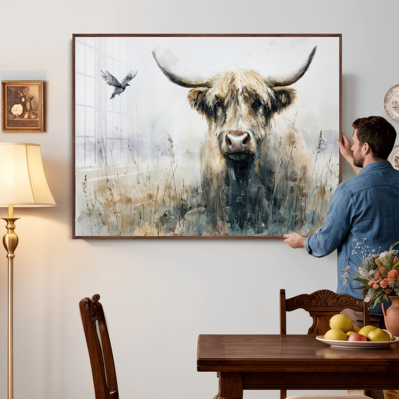55652651-MGV-CV-36X24 - Abstract Highland Cow Watercolor Animal Wall Art Canvas Print, Rustic Farm Cattle Portrait Canvas Print, Neutral Wildlife Farmhouse Art Printing