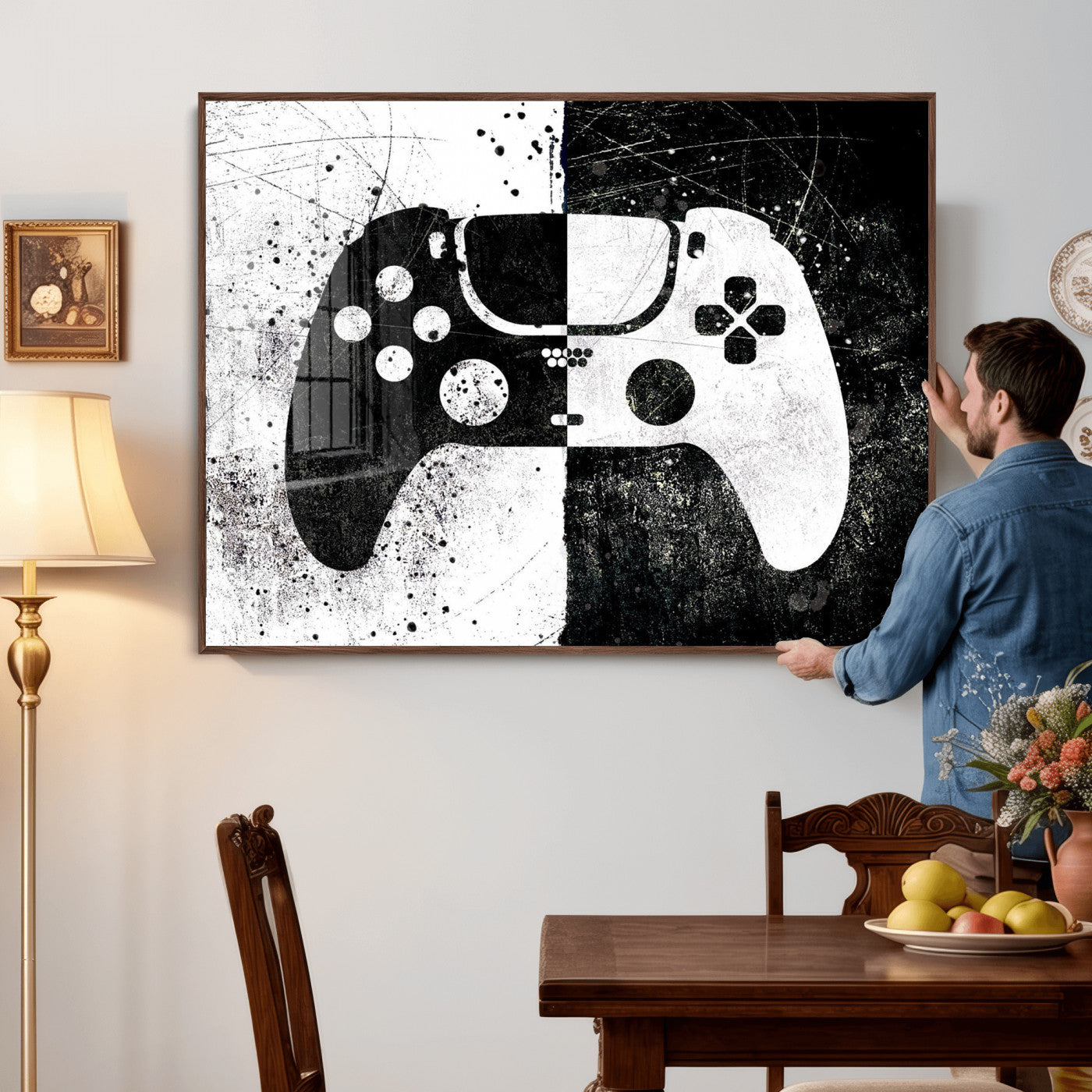 17525128-MGV-CV-36X24 - Abstract Gaming Controller Wall Art Canvas Print, Black White Video Game Controller Modern Canvas Print, Minimal Gamer Graphic Art Printing