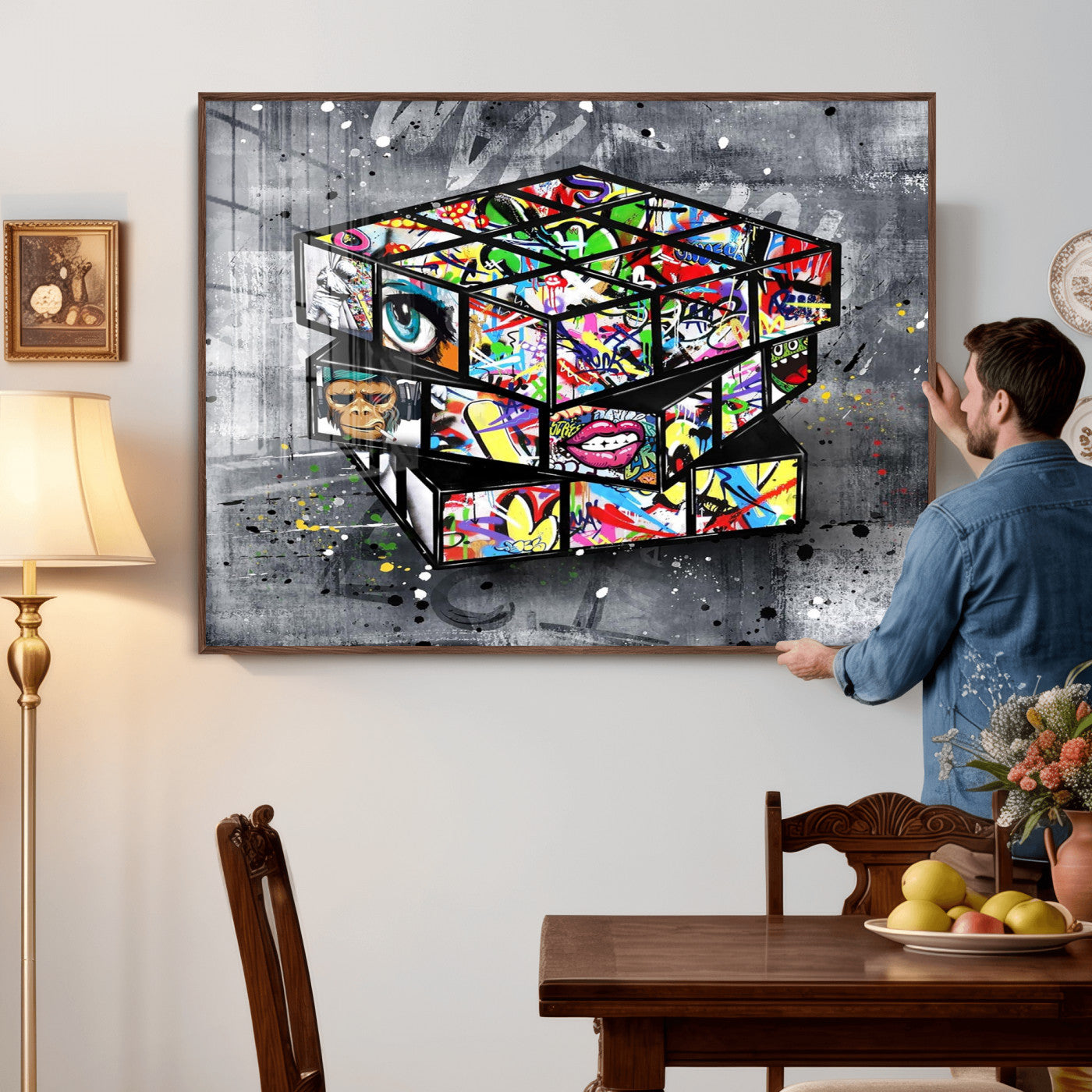 46789556-MGV-CV-36X24 - Graffiti Cube Abstract Street Art Wall Art Canvas Print, Colorful Urban Pop Art Geometric Canvas Print, Modern Street Art Contemporary Art Printing