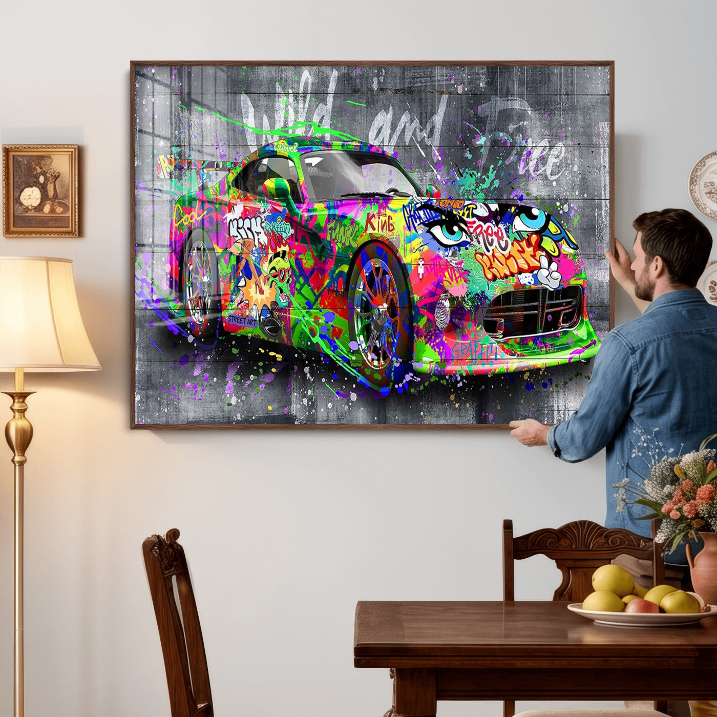 95314968-MGV-CV-36X24 - Graffiti Sports Car Street Art Wall Art Canvas Print, Colorful Urban Supercar Pop Art Canvas Print, Modern Graffiti Car Contemporary Art Printing