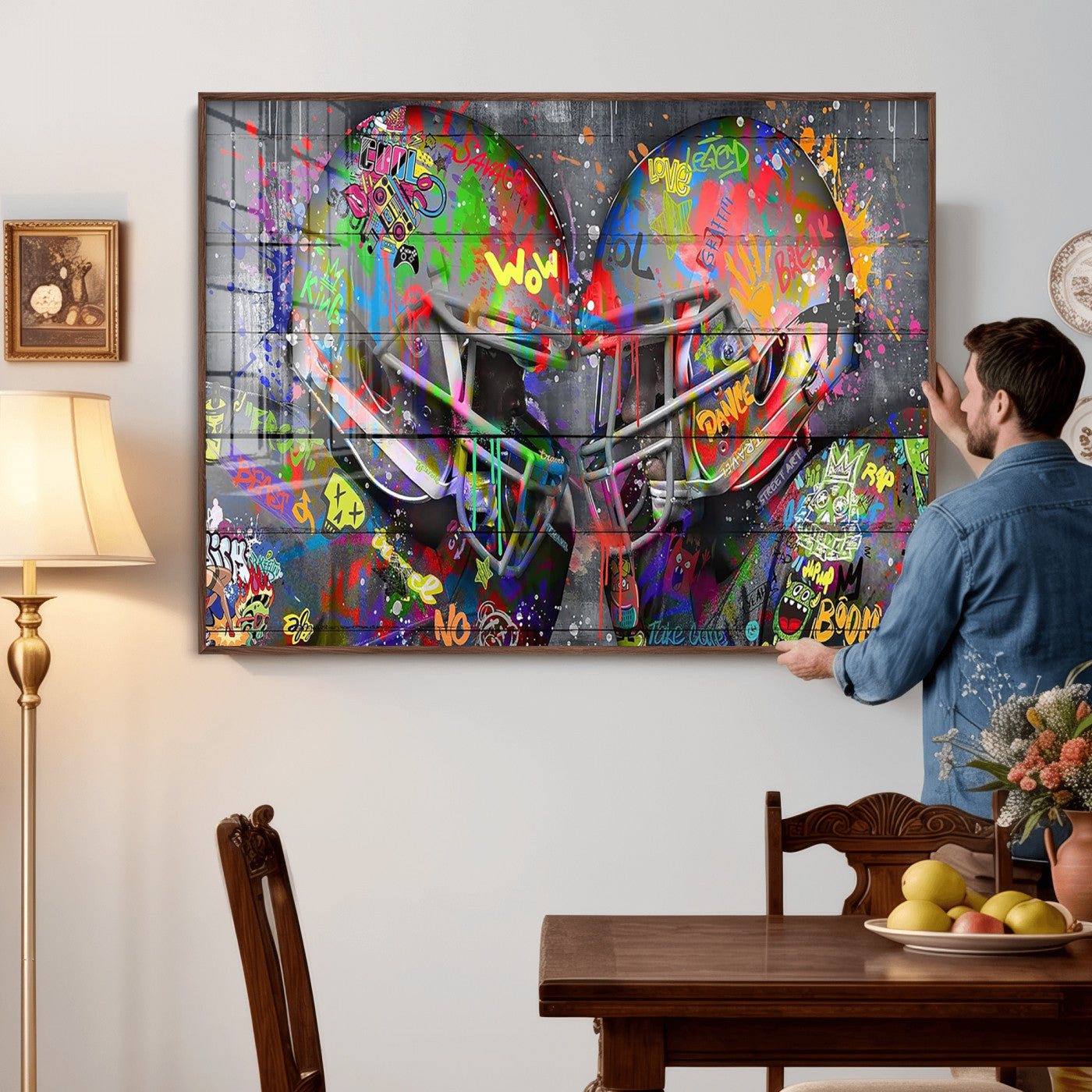 15309853-MGV-CV-36X24 - Graffiti Football Helmets Wall Art Canvas Print, Urban Street Art Sports Decor, Colorful American Football Graffiti Artwork