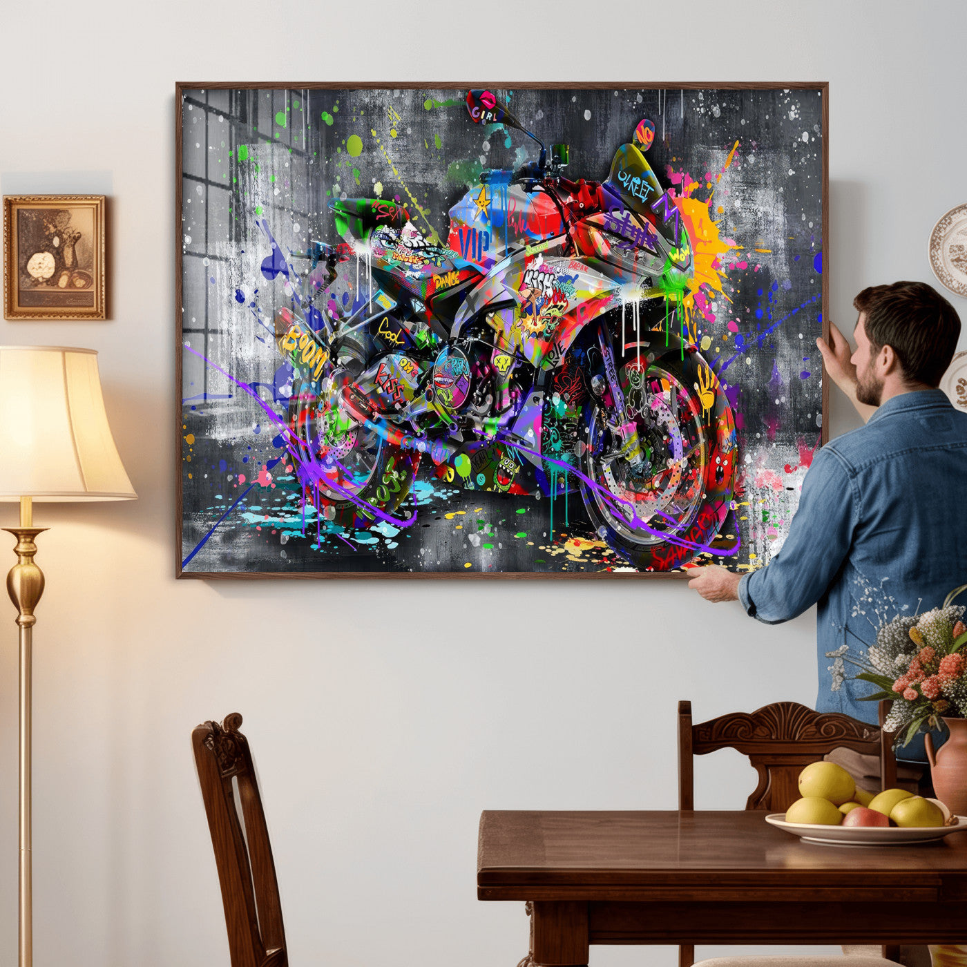 83021767-MGV-CV-36X24 - Graffiti Motorcycle Wall Art Canvas Print, Urban Street Art Motorbike Decor, Colorful Graffiti Sports Bike Artwork