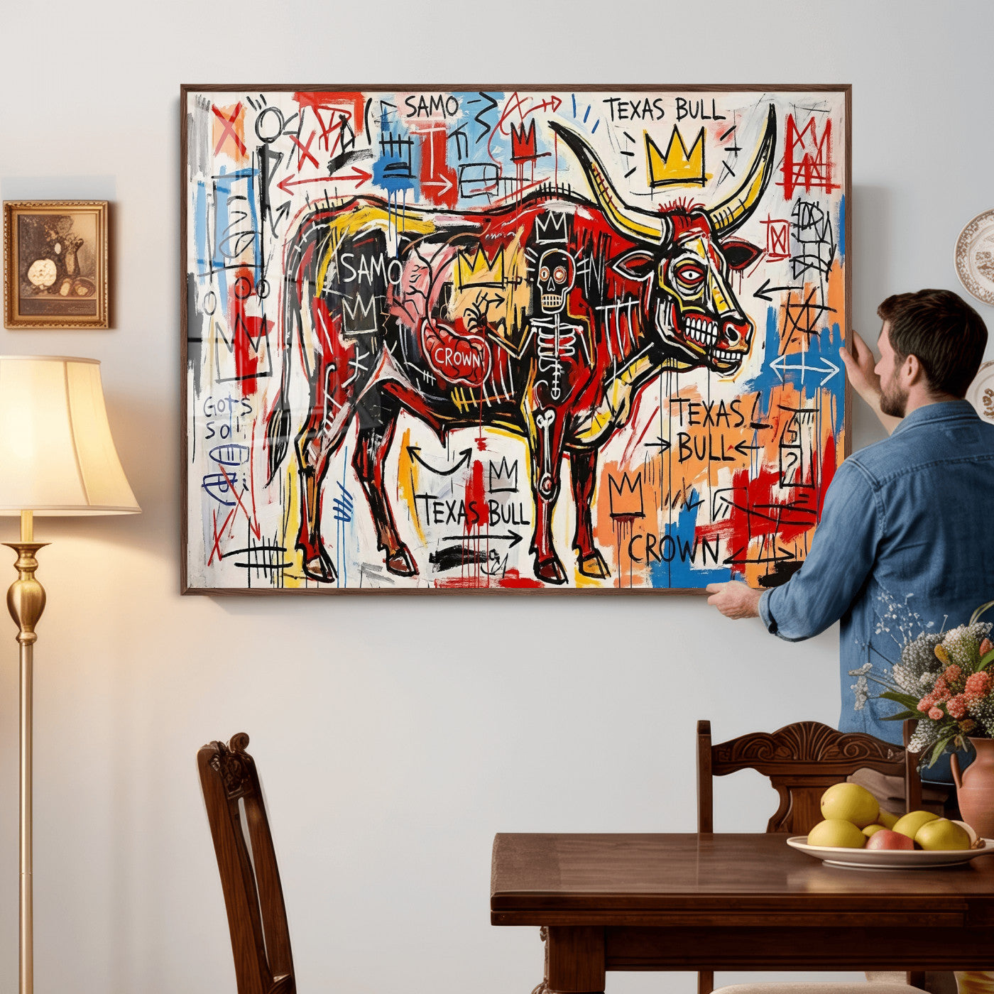 89504579-MGV-CV-36X24 - TITLE: Texas Bull Wall Art Canvas Print, Abstract Graffiti Bull Painting, Western Animal Art, Modern Ranch Decor