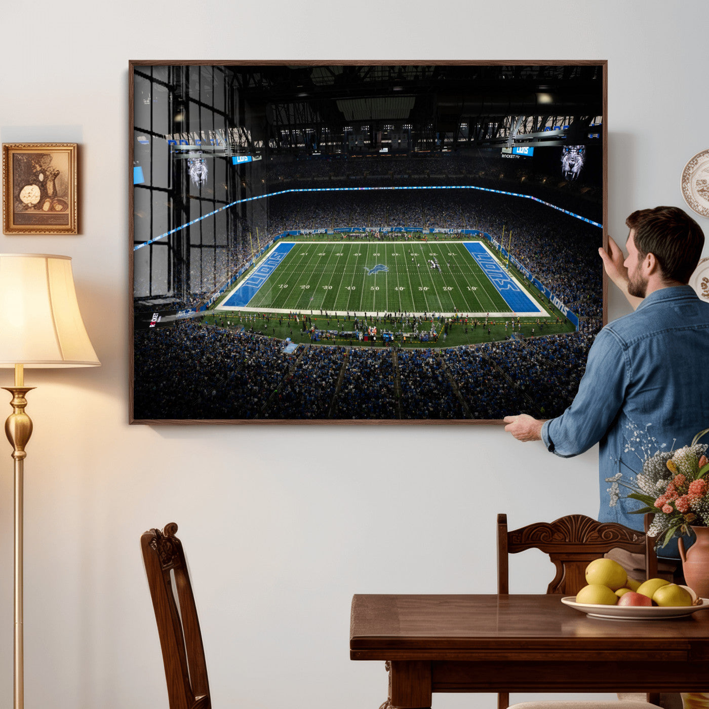 16709602-MGV-CV-36X24 - Detroit Lions Stadium Wall Art Canvas Print, Football Field Panorama Artwork, NFL Game Night Stadium Decor