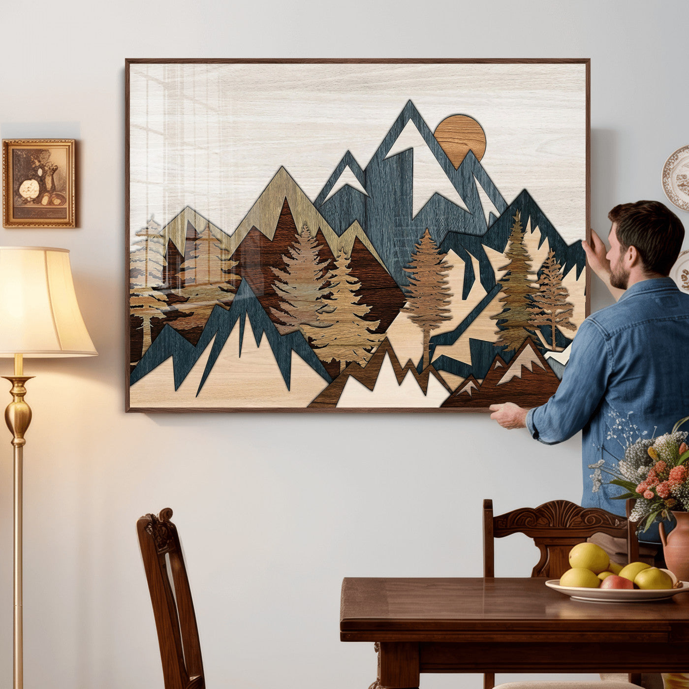 61833055-MGV-CV-36X24 - Mountain Forest Wall Art Canvas Print, Layered Wood Landscape Artwork, Rustic Nature Wall Decor for Living Room