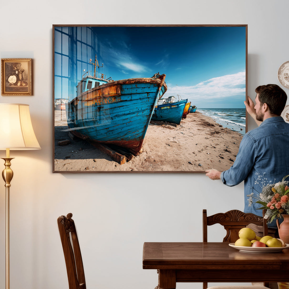 Coastal Fishing Boats Wall Art Canvas Print, Sunset Beach