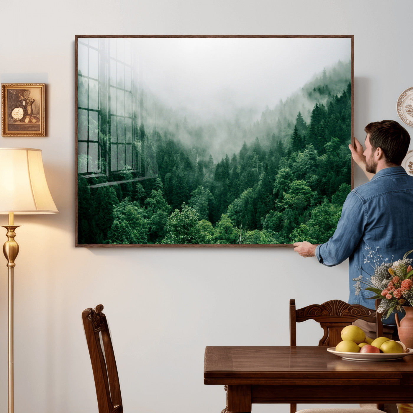 61640815-MGV-CV-36X24 - Misty Pine Forest Wall Art Canvas Print, Foggy Evergreen Landscape Wall Decor, Moody Green Nature Artwork, Minimal Forest Canvas Wall Art, Framed Canvas Wall Art Ready to Hang