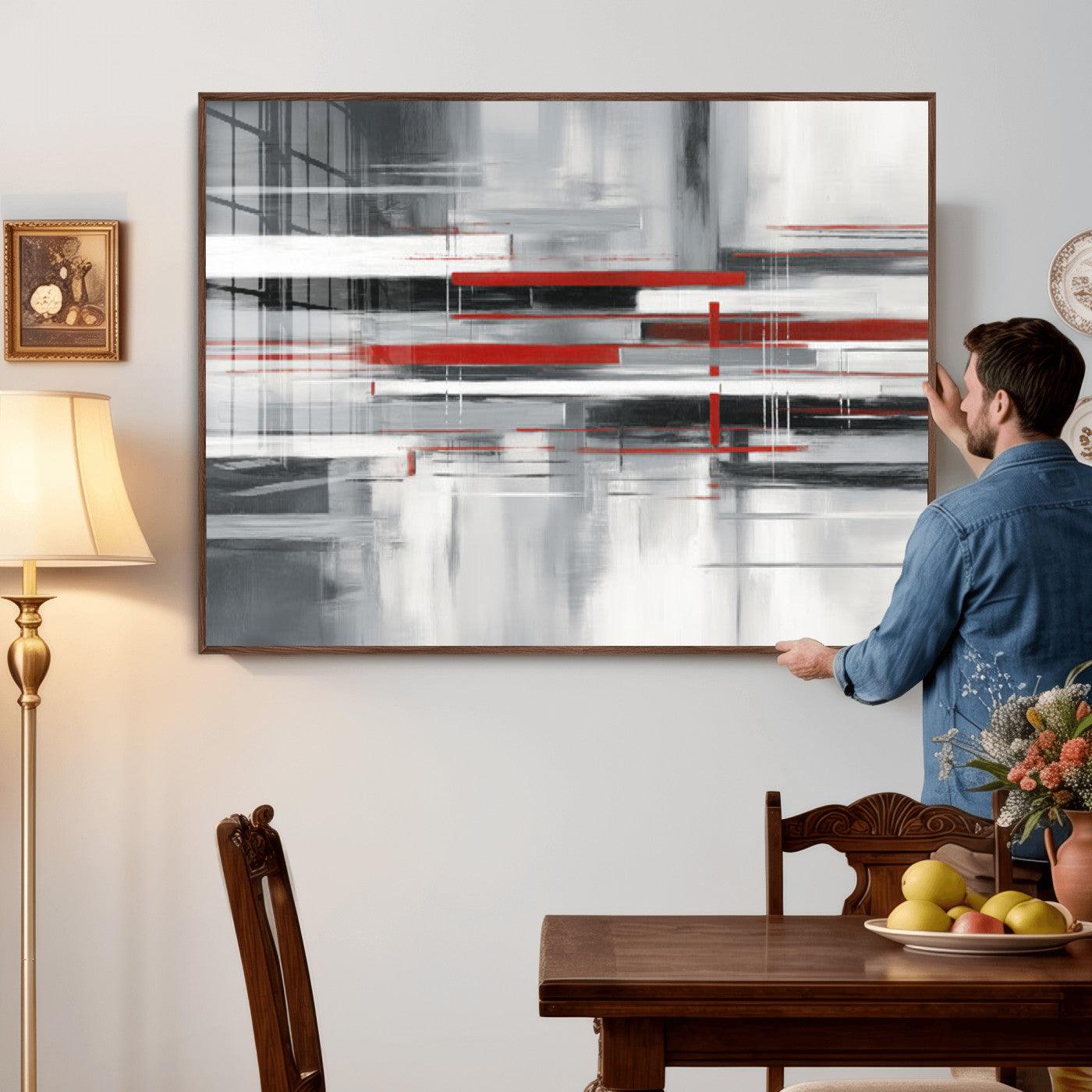 62640681-MGV-CV-36X24 - Gray Red Abstract Wall Art Canvas Print, Modern Abstract Canvas Wall Decor for Contemporary Living Room and Office