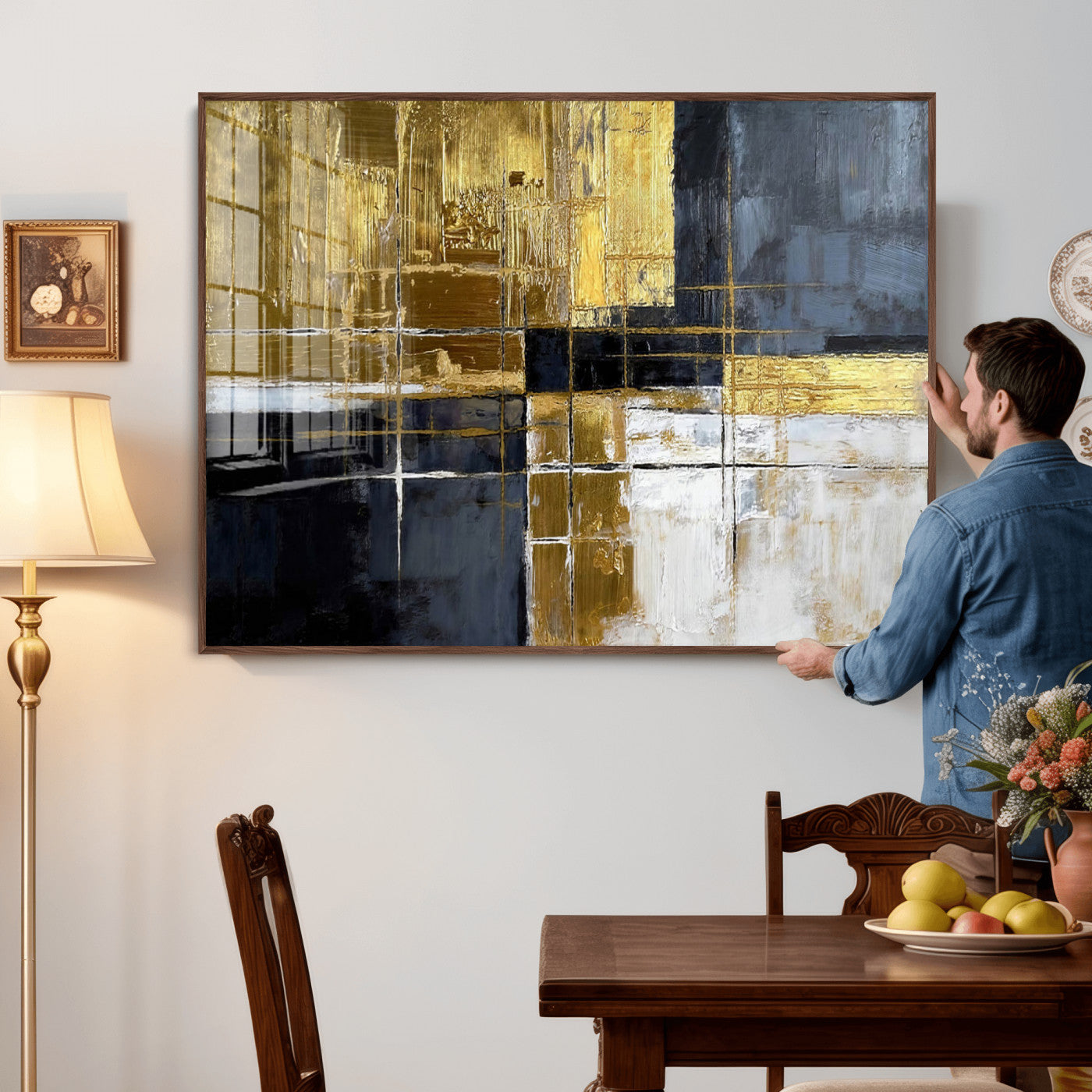 76917030-MGV-CV-36X24 - Gold Navy Abstract Wall Art Canvas Print, Modern Luxury Geometric Painting Wall Decor for Living Room and Office