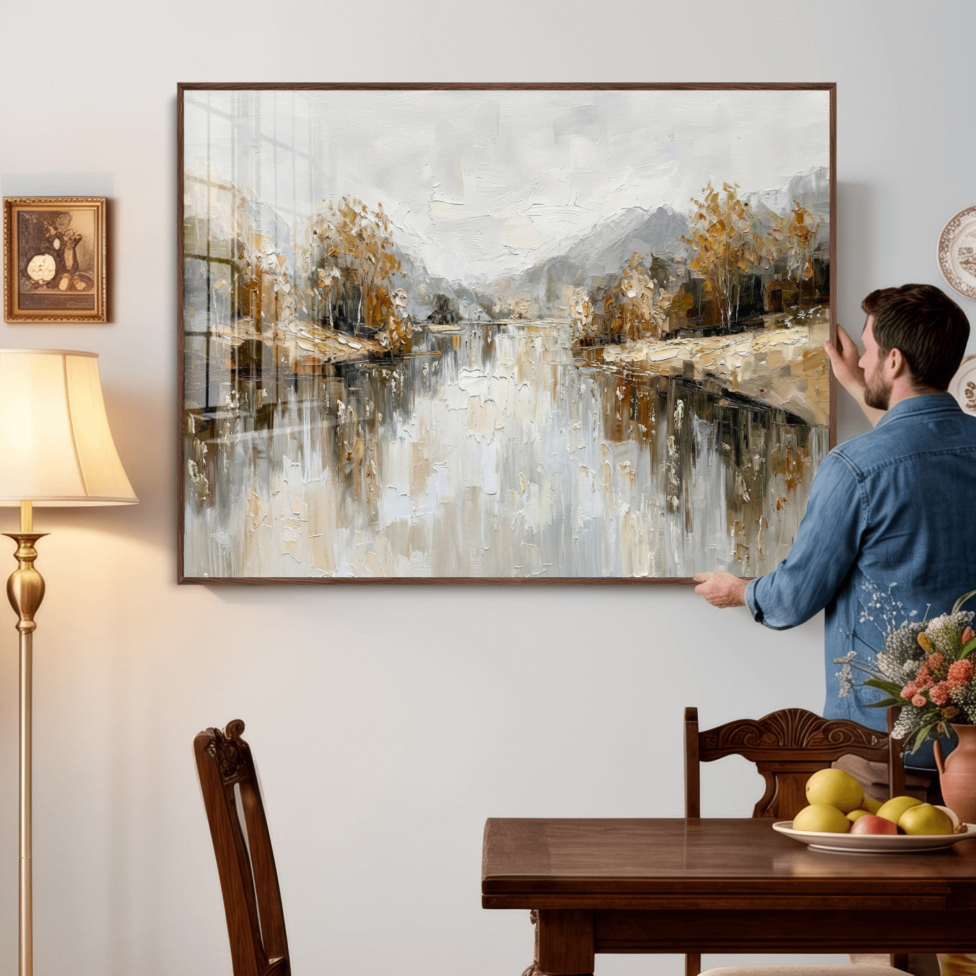 78227690-MGV-CV-36X24 - Neutral Abstract Lake Landscape Wall Art Canvas Print, Modern Minimal River Reflection Canvas Print, Beige Gray Contemporary Nature Art Printing