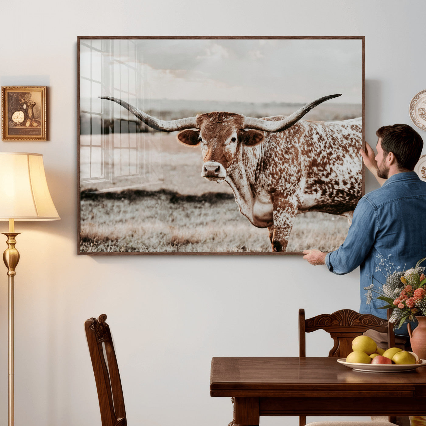 73897046-MGV-CV-36X24 - Texas Longhorn Bull Rustic Wall Art Canvas Print, Western Cattle Photography Canvas Print, Ranch Farm Animal Western Art Printing