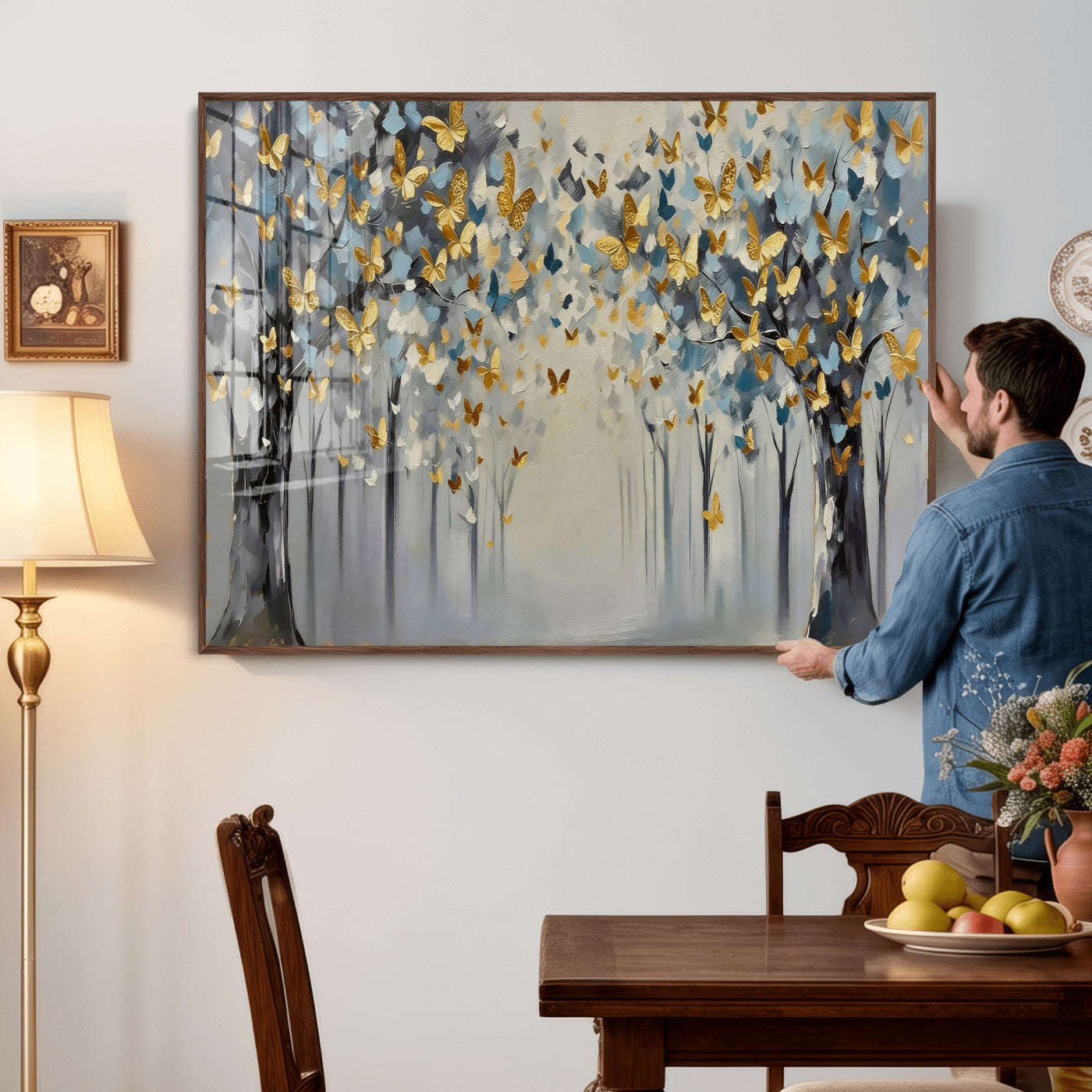 79208191-MGV-CV-36X24 - Golden Butterfly Tree Abstract Wall Art Canvas Print, Modern Elegant Nature Painting Canvas Print, Blue Gold Contemporary Floral Art Printing