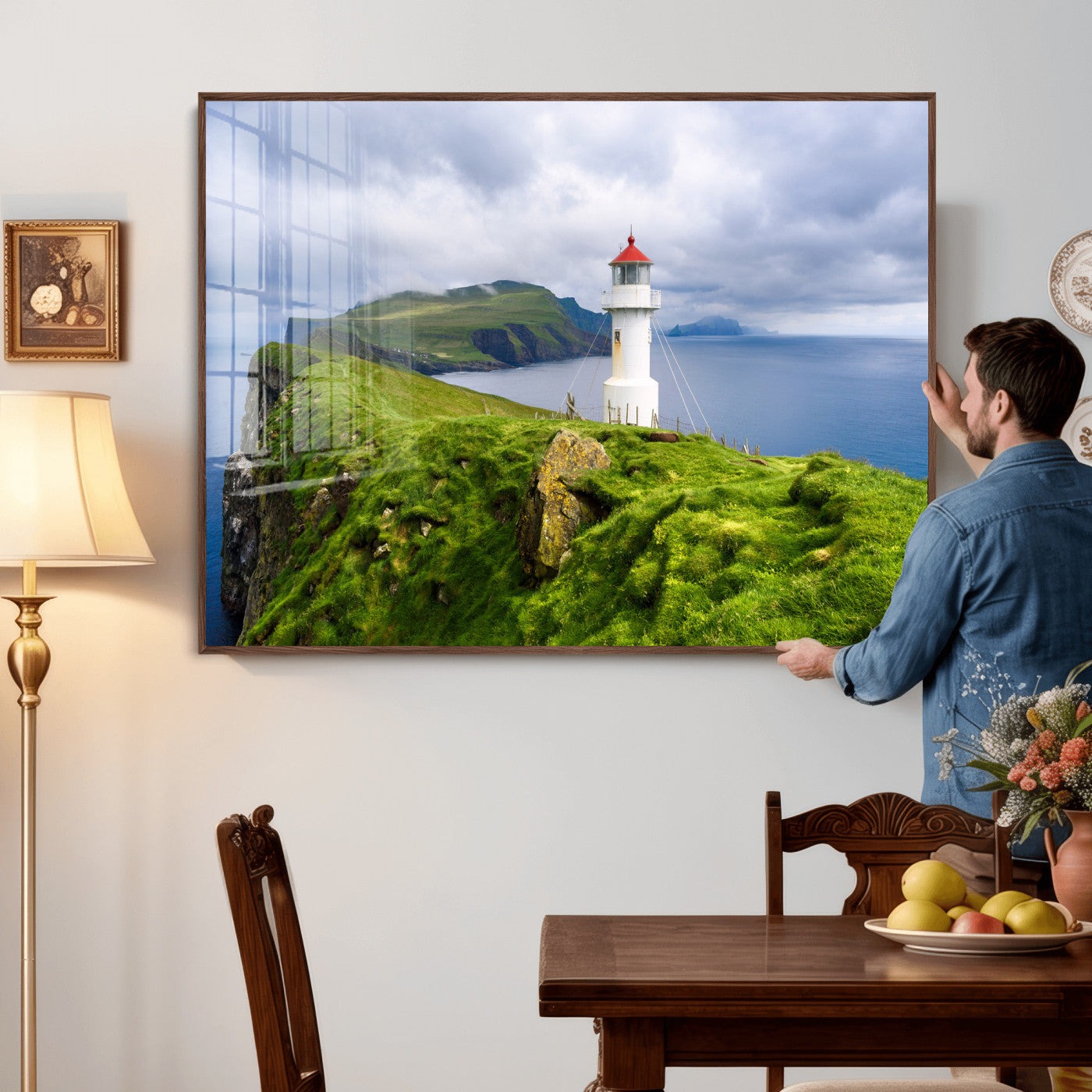 10680390-MGV-CV-36X24 - Coastal Lighthouse Wall Art Canvas Print, Cliffside Ocean Landscape Canvas Print, Scandinavian Coastal Decor for Living Room