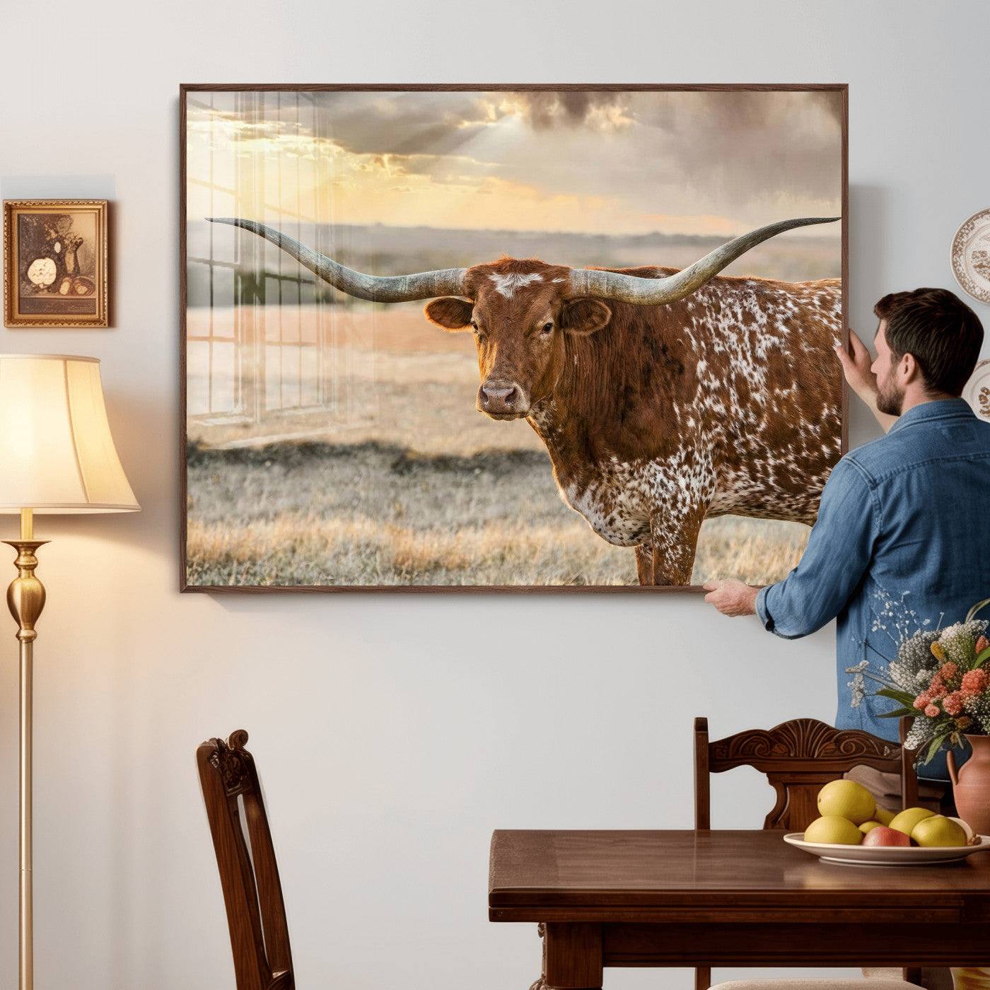 16502384-MGV-CV-36X24 - Texas Longhorn Wall Art Canvas Print, Western Ranch Bull Photography Canvas Print, Rustic Farmhouse Cattle Artwork for Living Room Decor