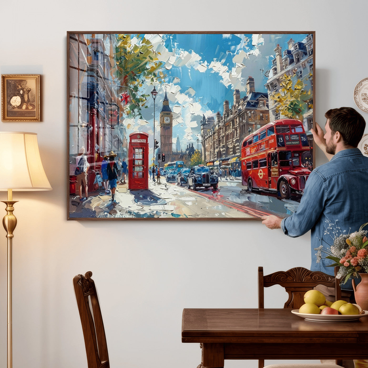 17630888-MGV-CV-36X24 - London Street Canvas Wall Art — Big Ben Red Bus Print | Oil Painting Style | UK City Wall Decor | Travel Art Gift | Living Room Print