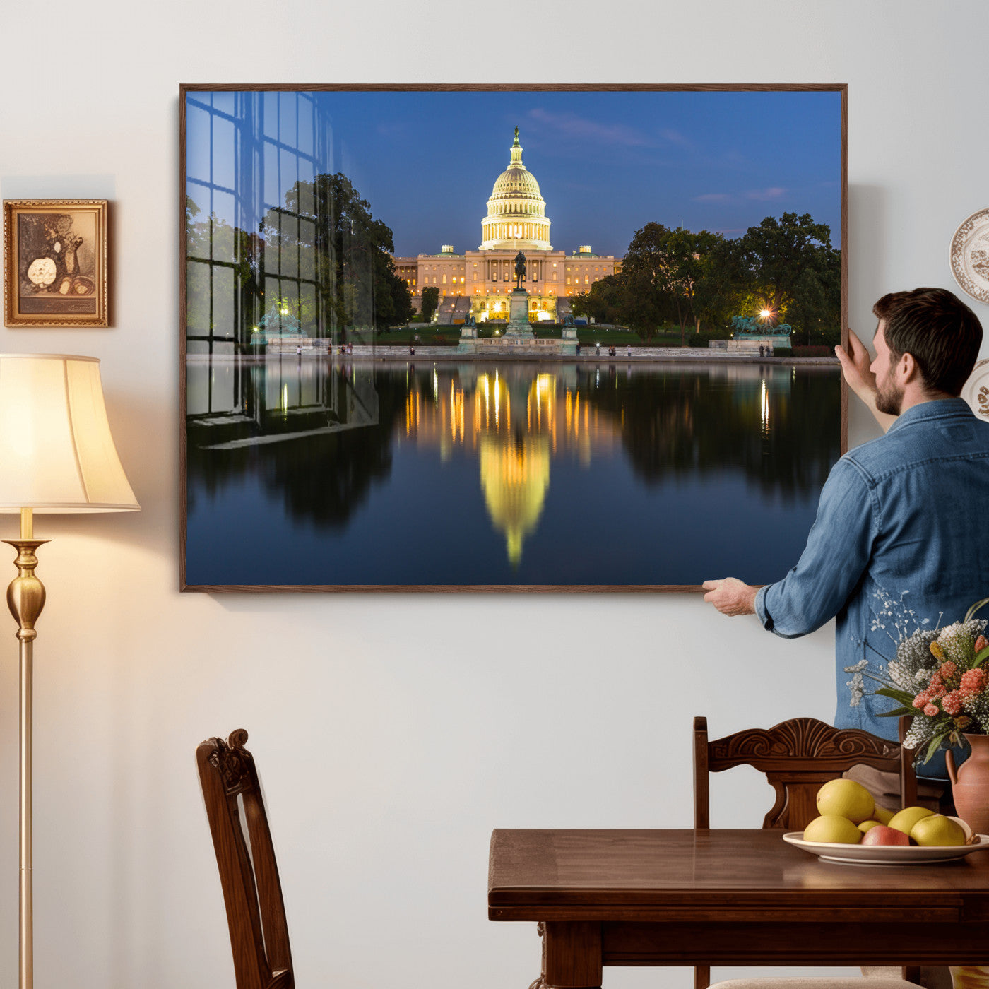 95568590-MGV-CV-36X24 - US Capitol Building Wall Art Canvas Print – Washington DC Landmark Night Reflection Artwork for Office Decor