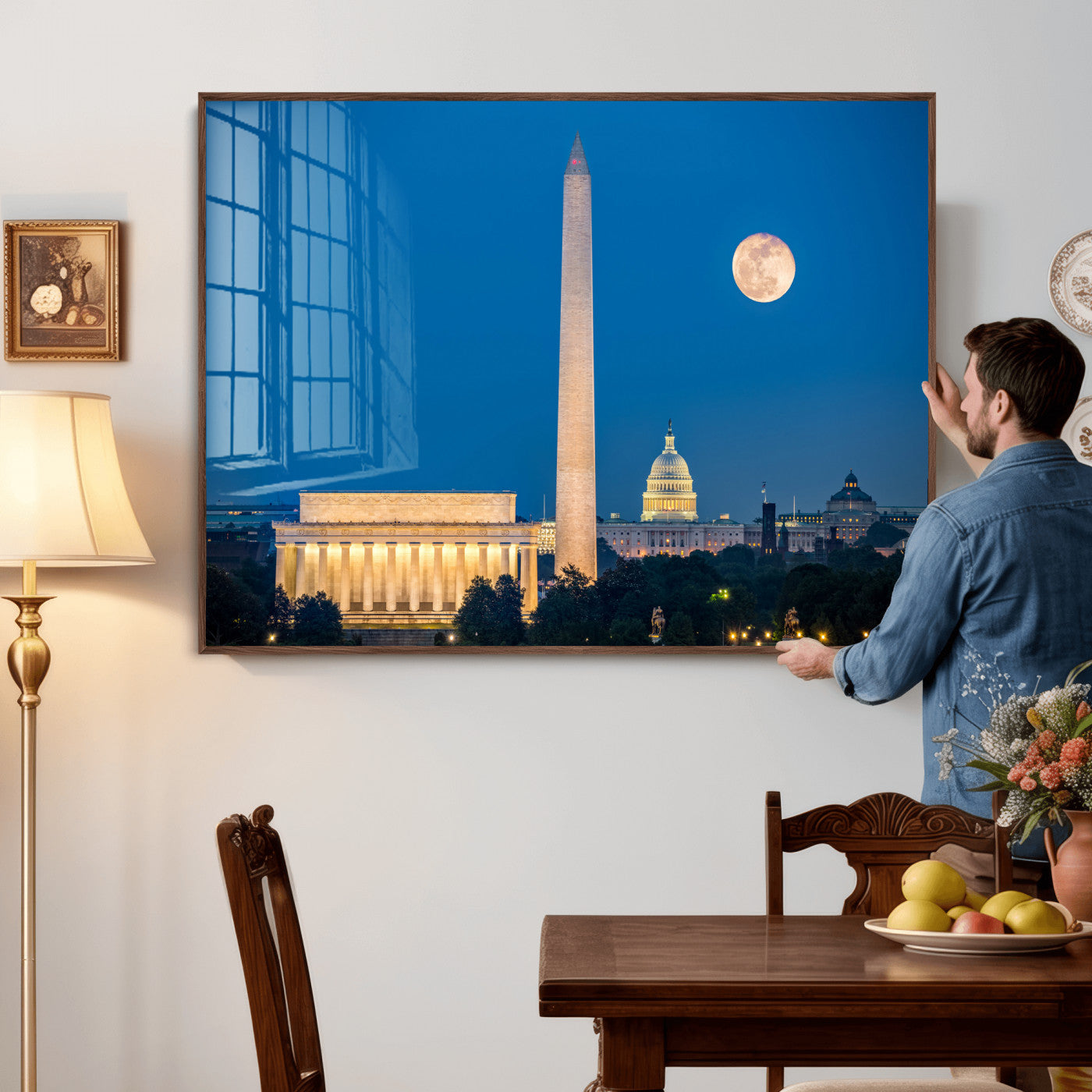 96712946-MGV-CV-36X24 - Washington DC Skyline Wall Art Canvas Print – Lincoln Memorial, Washington Monument and US Capitol Night Cityscape Artwork