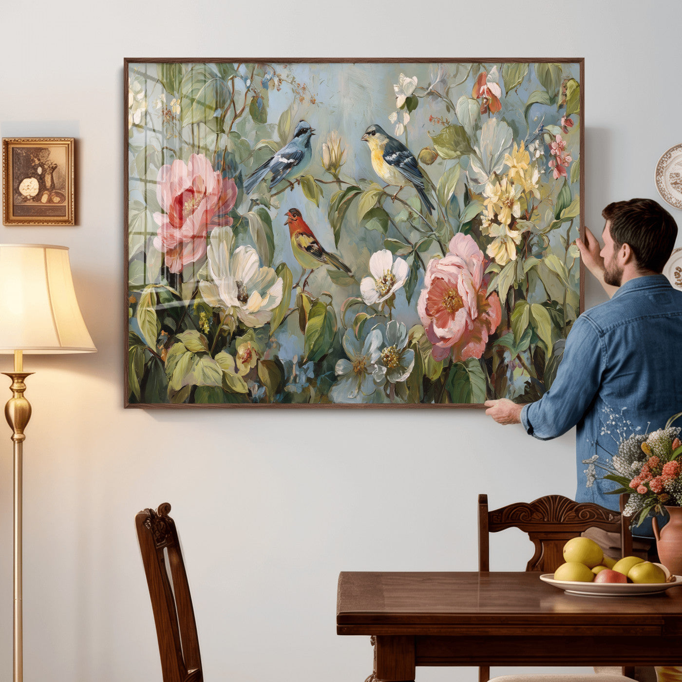 55440837-MGV-CV-36X24 - Vintage Birds and Flowers Wall Art Canvas Print, Botanical Bird Painting Canvas Print, Floral Garden Bird Artwork Canvas Print, Classic Bird Flower Painting Canvas Print