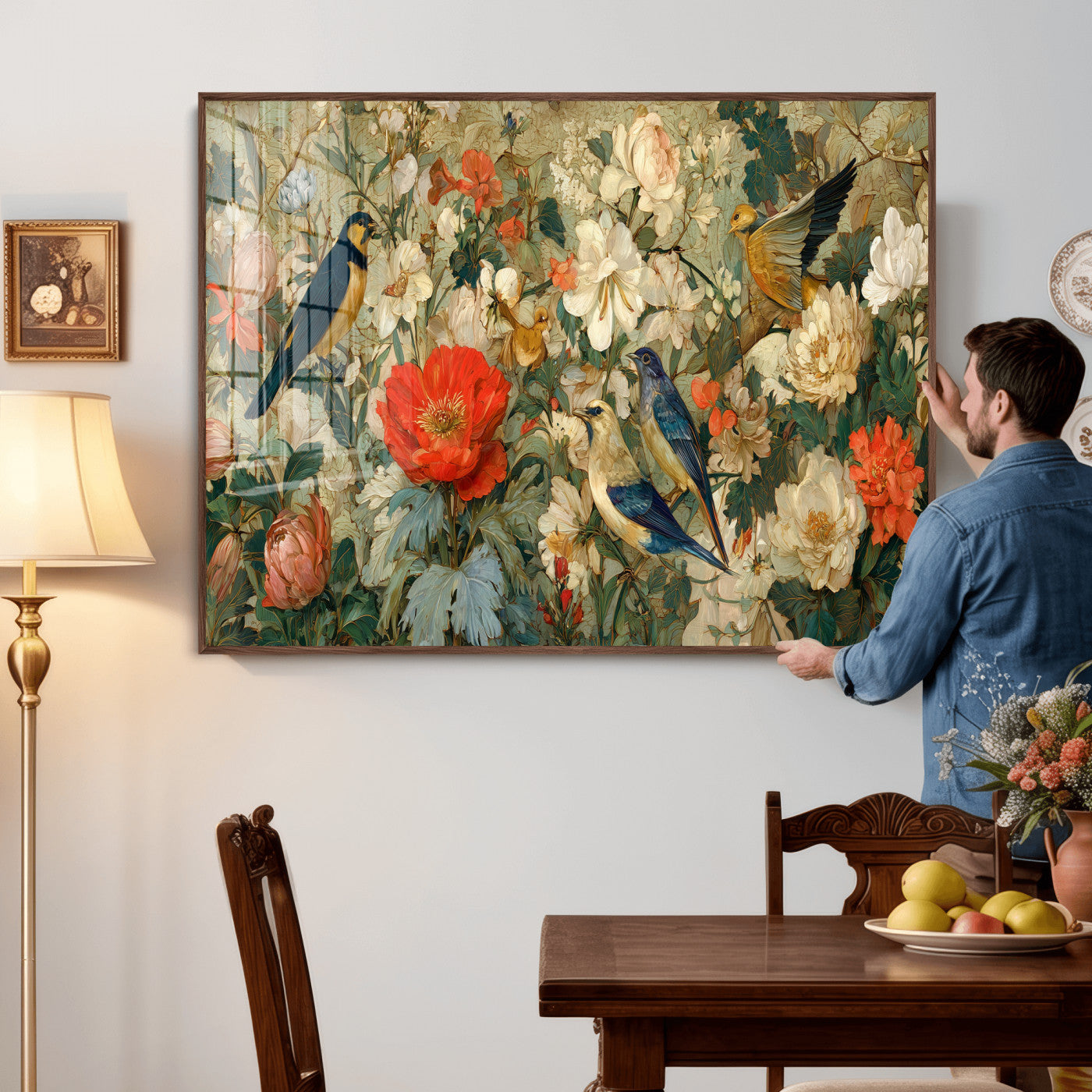 52904757-MGV-CV-36X24 - Vintage Birds and Flowers Wall Art Canvas Print, Botanical Bird Painting Canvas Print, Floral Garden Bird Artwork Canvas Print, Classic Bird Flower Painting Canvas Print