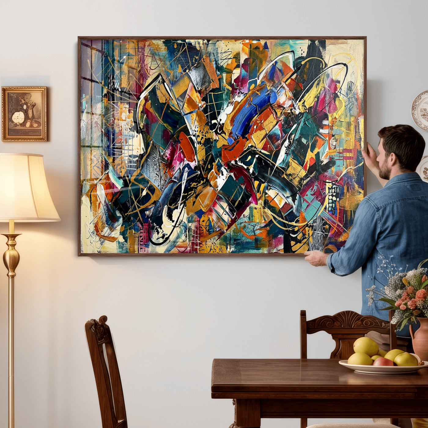15525527-MGV-CV-36X24 - Geometric Abstract Wall Art Canvas Print, Orange Blue Abstract Expressionist Painting Print, Modern Geometric Abstract Canvas Art
