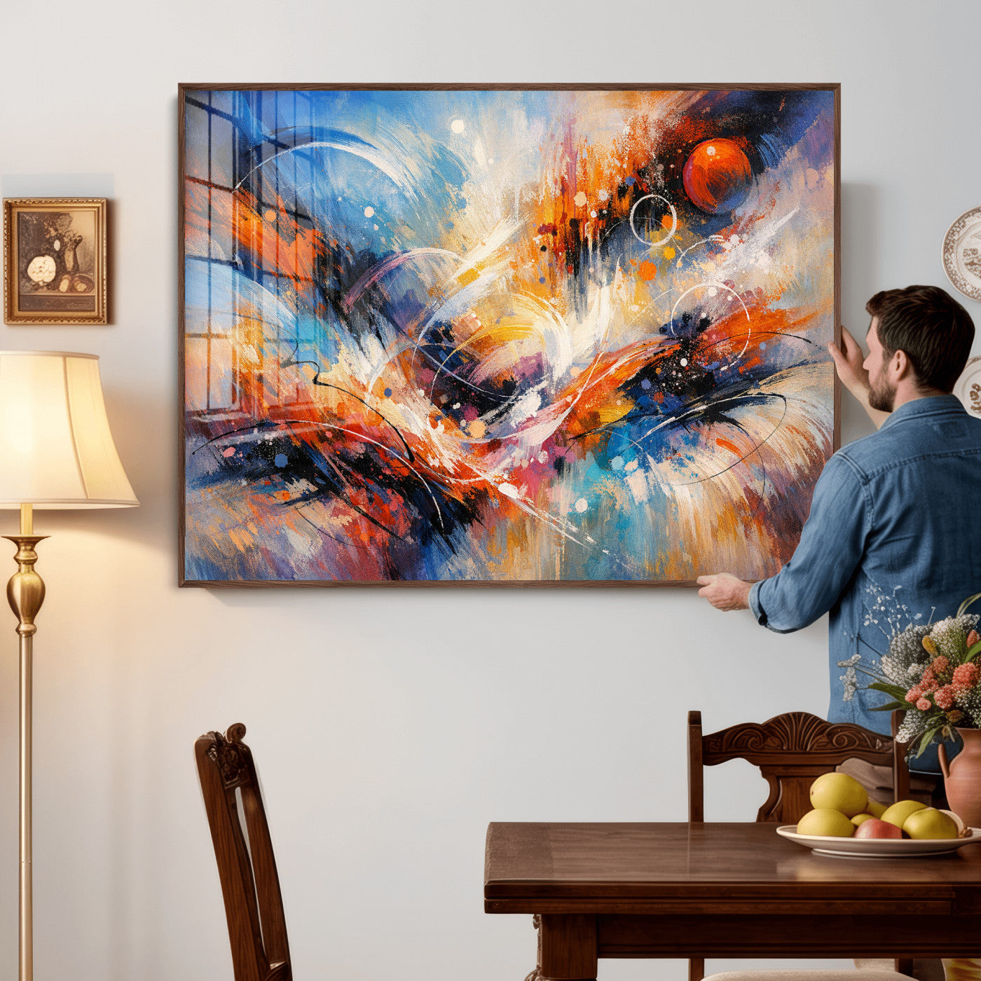 47770355-MGV-CV-36X24 - Geometric Abstract Wall Art Canvas Print, Orange Blue Abstract Expressionist Painting Print, Modern Geometric Abstract Canvas Art