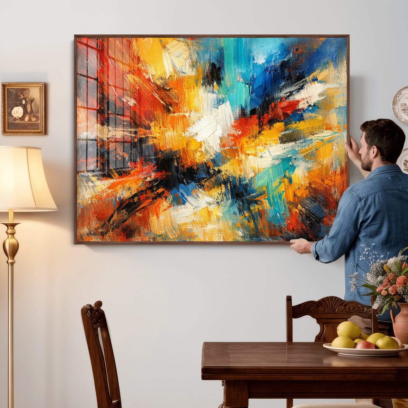 93167583-MGV-CV-36X24 - Geometric Abstract Wall Art Canvas Print, Orange Blue Abstract Expressionist Painting Print, Modern Geometric Abstract Canvas Art