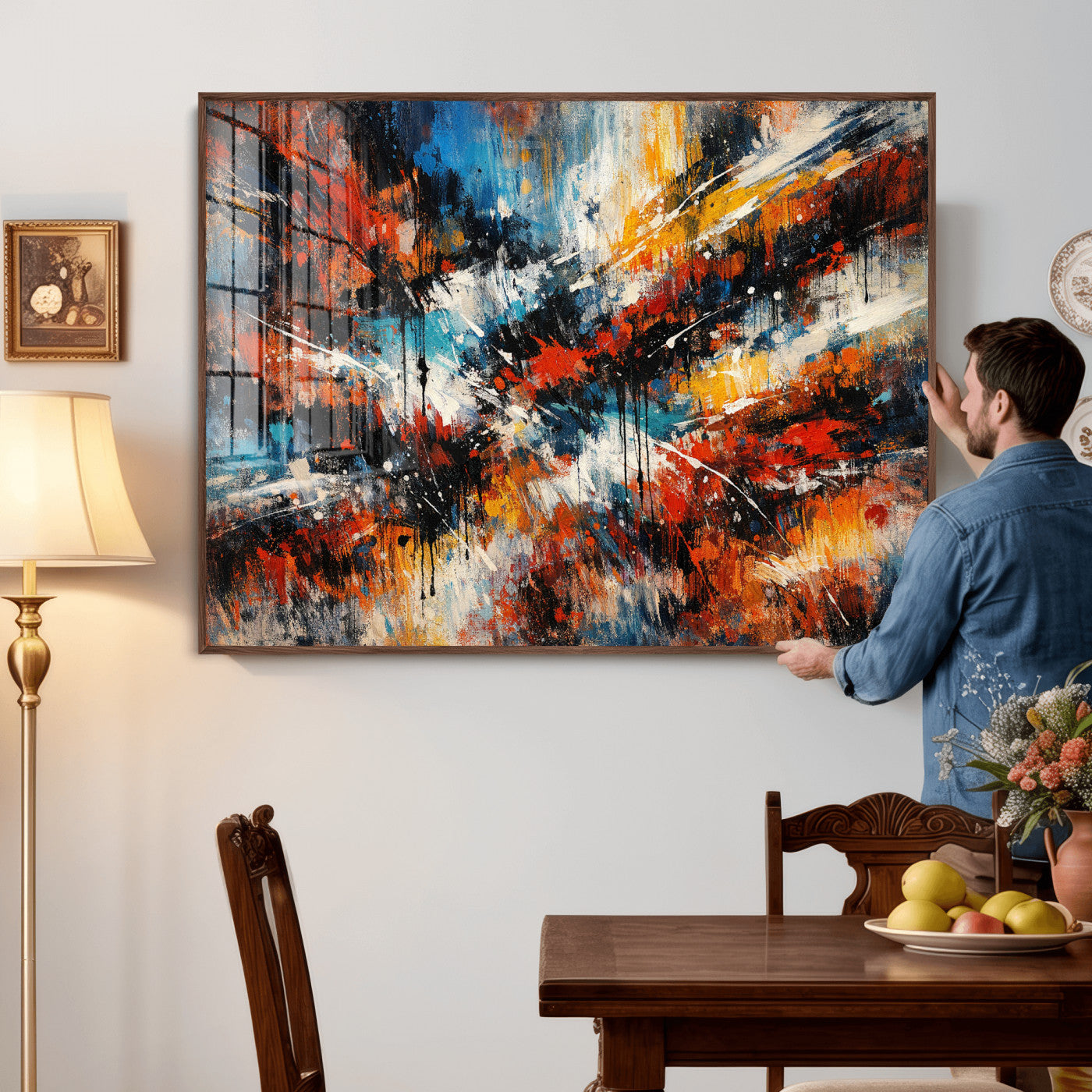 80276069-MGV-CV-36X24 - Geometric Abstract Wall Art Canvas Print, Orange Blue Abstract Expressionist Painting Print, Modern Geometric Abstract Canvas Art