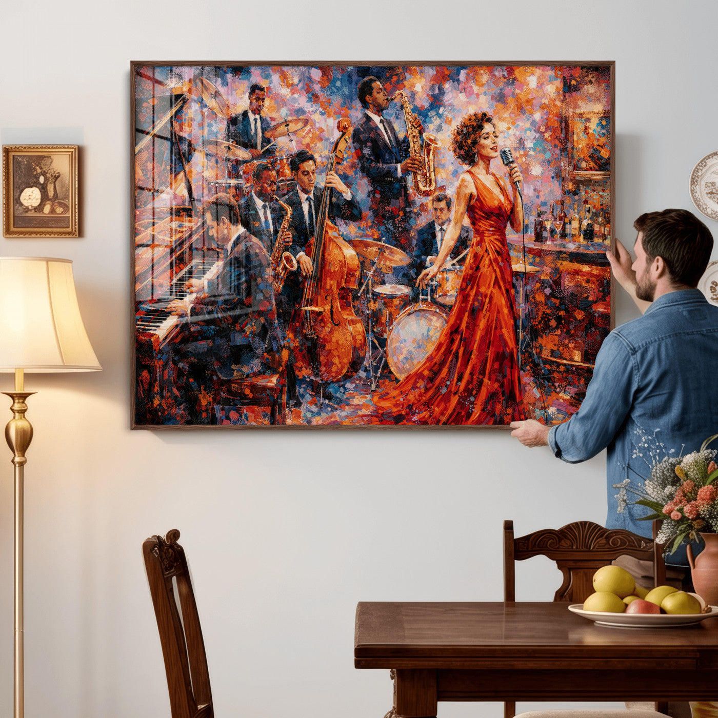 620930SF20-MGV-CV-36X24 - Jazz Band Canvas Wall Art — Jazz Club Singer Saxophone Print | Music Wall Decor | Bar Restaurant Art | Music Lover Gift | Jazz Home Decor