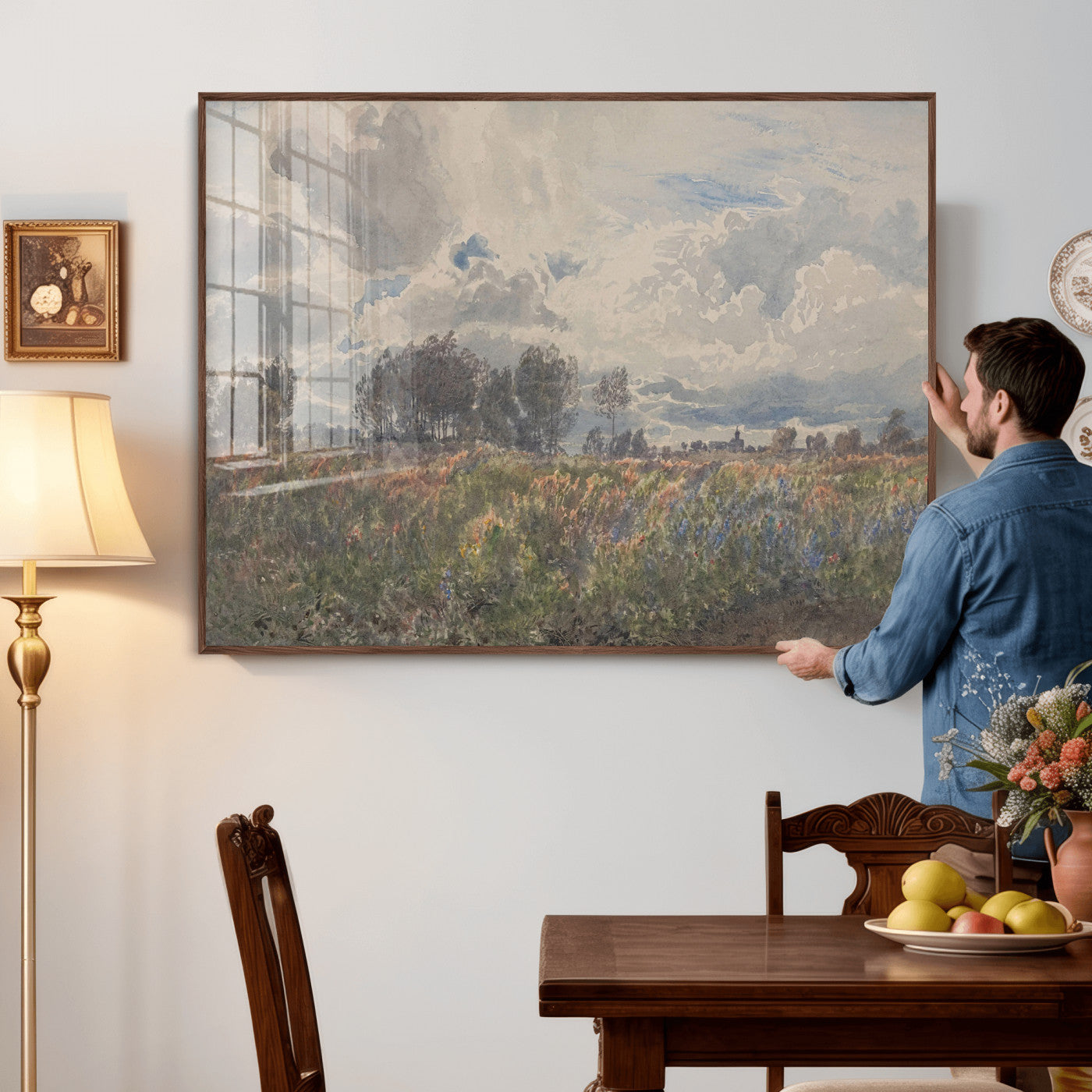 76626885-MGV-CV-36X24 - Vintage Watercolor Meadow Canvas Wall Art — English Pastoral Wildflower Storm Sky Print | Cottagecore Nature Decor | Classic Landscape Gift