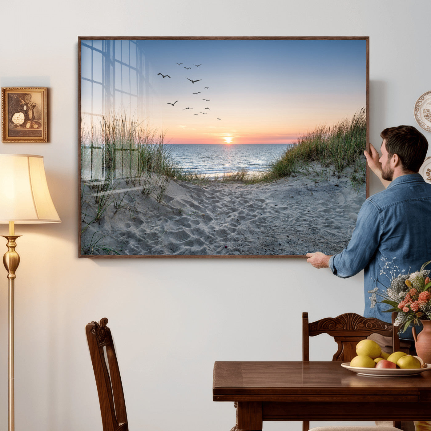 12172032-MGV-CV-36X24 - Sandy Dune Path Sunset Canvas Wall Art — Seagulls Beach Ocean Photography Print | Coastal Home Decor | Nautical Wall Art | Beach House Gift