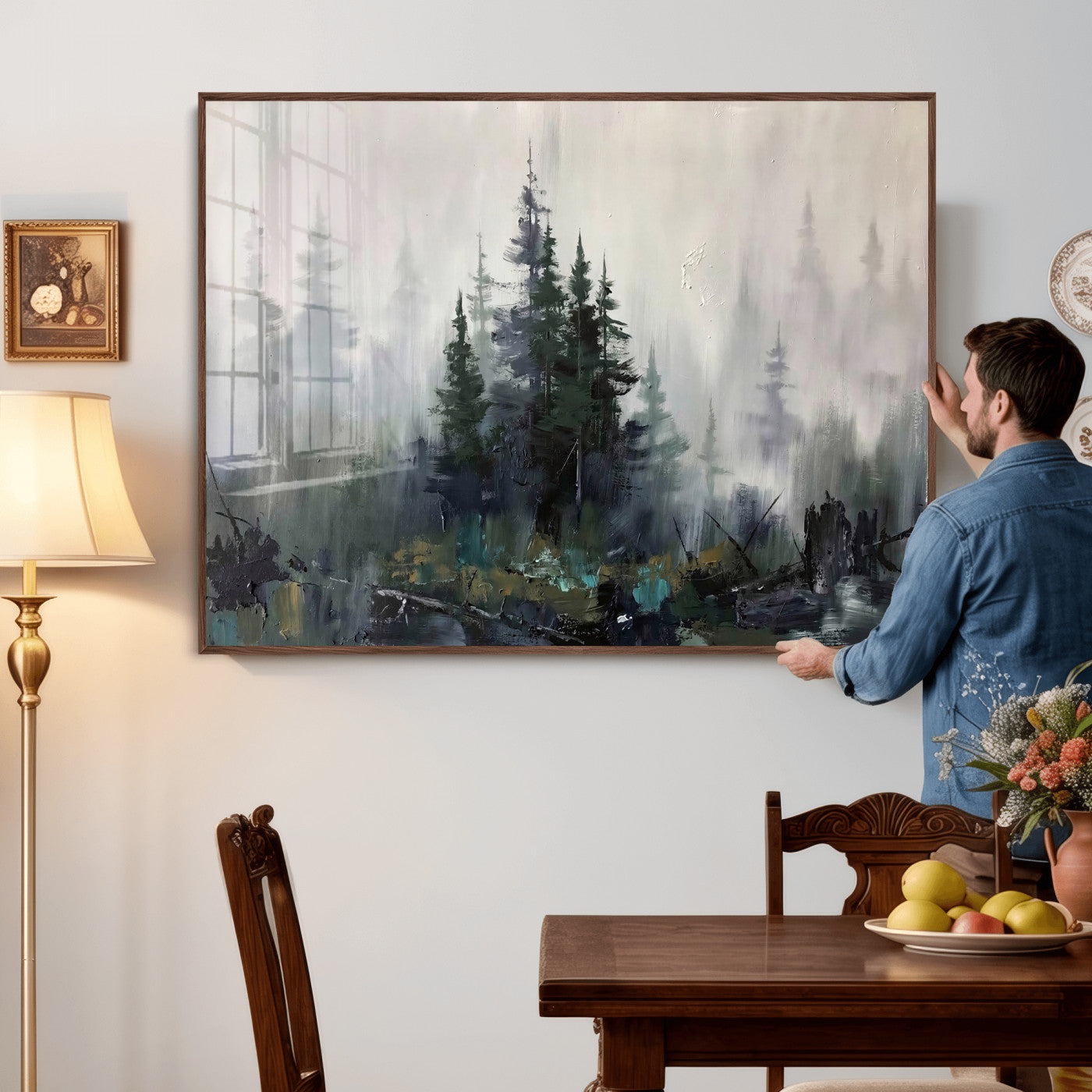 94143325-MGV-CV-36X24 - Misty Pine Forest Oil Painting Canvas — Dark Moody Teal Grey Tree Print | Japandi Scandinavian Wall Art | Minimalist Nature Decor Gift