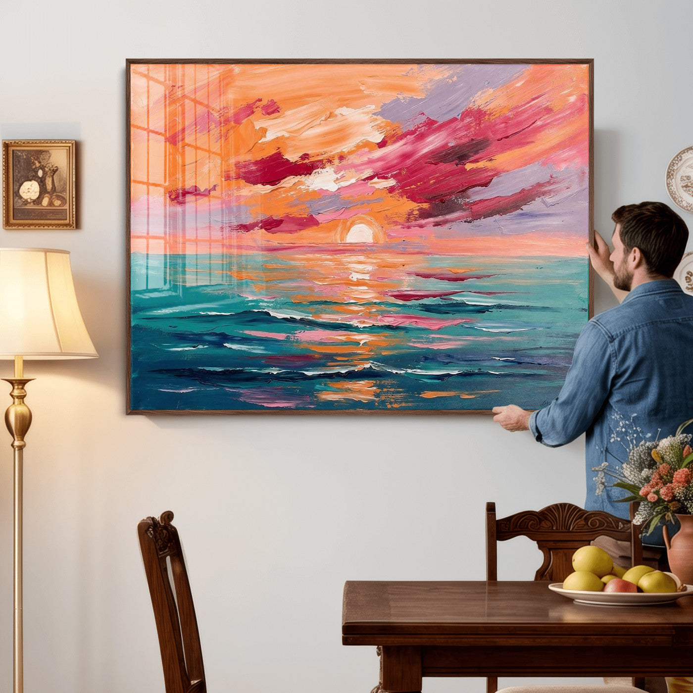 26763902-MGV-CV-36X24 - Bold Palette Knife Ocean Sunset Canvas — Orange Pink Teal Expressionist Sea Print | Colorful Coastal Wall Art | Vibrant Beach Decor Gift