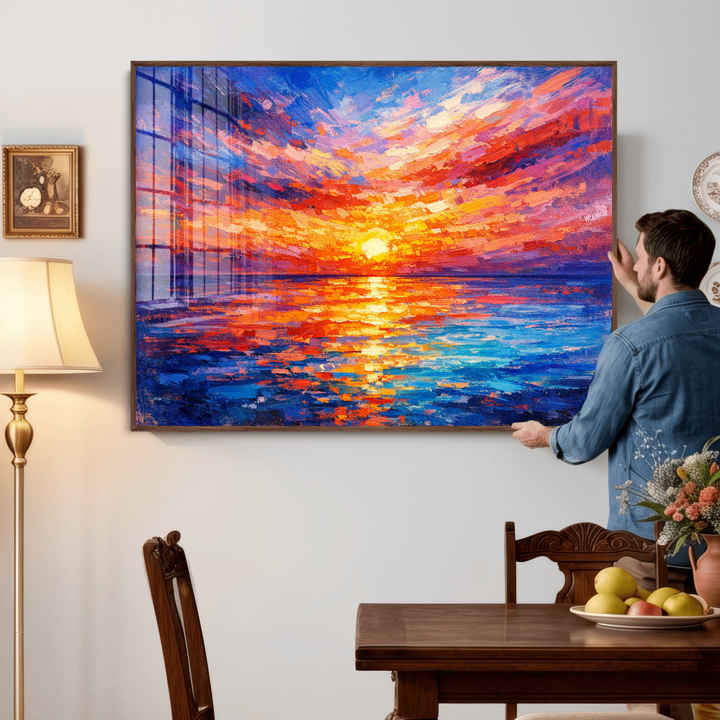 54915078-MGV-CV-36X24 - Colorful Knife Ocean Sunset Canvas — Orange Pink Teal Expressionist Sea Print | Colorful Coastal Wall Art | Vibrant Beach Decor Gift