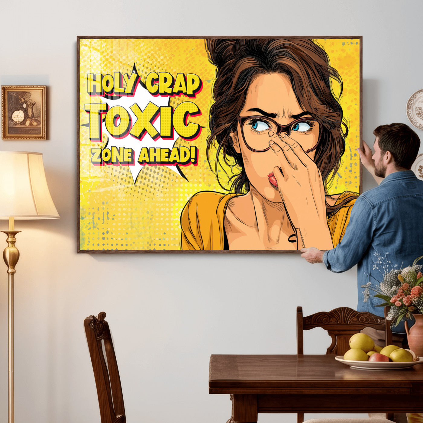 96263876-MGV-CV-36X24 - Pop Art Print Bathroom Sign Wall Art Canvas Print — Funny Bathroom Canvas | Comic Style Toilet Wall Decor | Humor Gift | Yellow Bold Bathroom Art