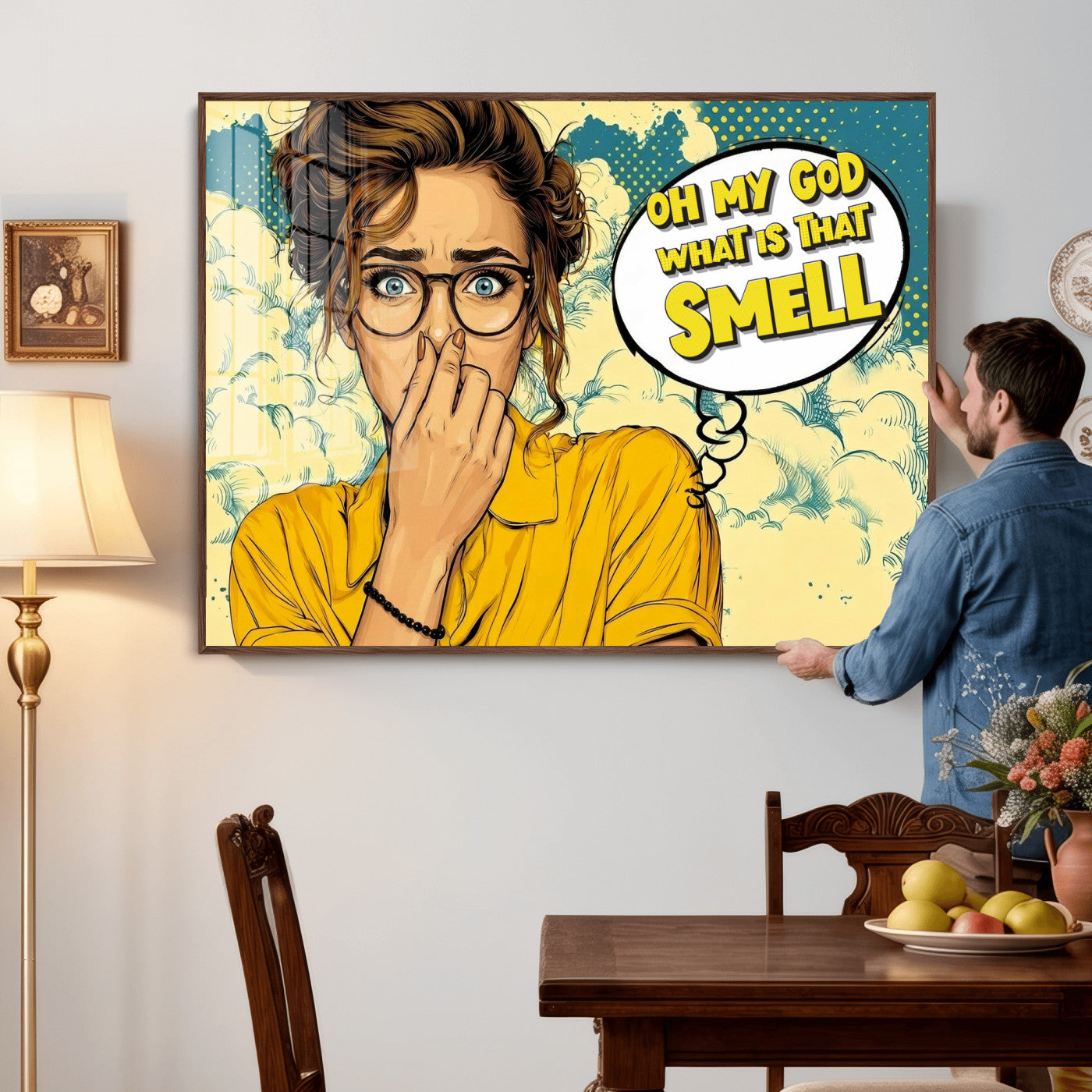 B79156505-MGV-CV-36X24 - Pop Art Print Bathroom Sign Wall Art Canvas Print — Funny Bathroom Canvas | Comic Style Toilet Wall Decor | Humor Gift | What is that Smell
