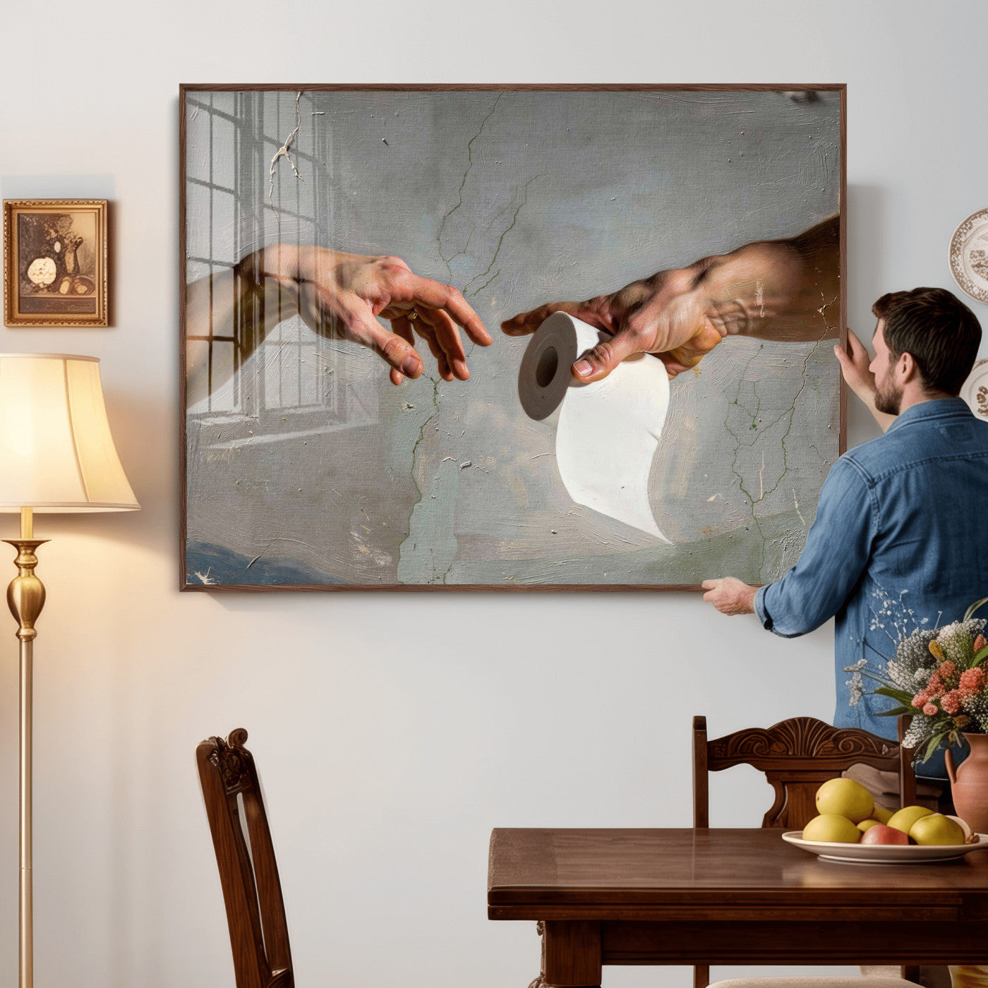 72030048-MGV-CV-36X24 - Funny Bathroom Wall Art Canvas, Creation of Toilet Paper Parody Print, Renaissance Humor Decor, Toilet Room Art, Quirky Housewarming Gift, Classic Art Spoof