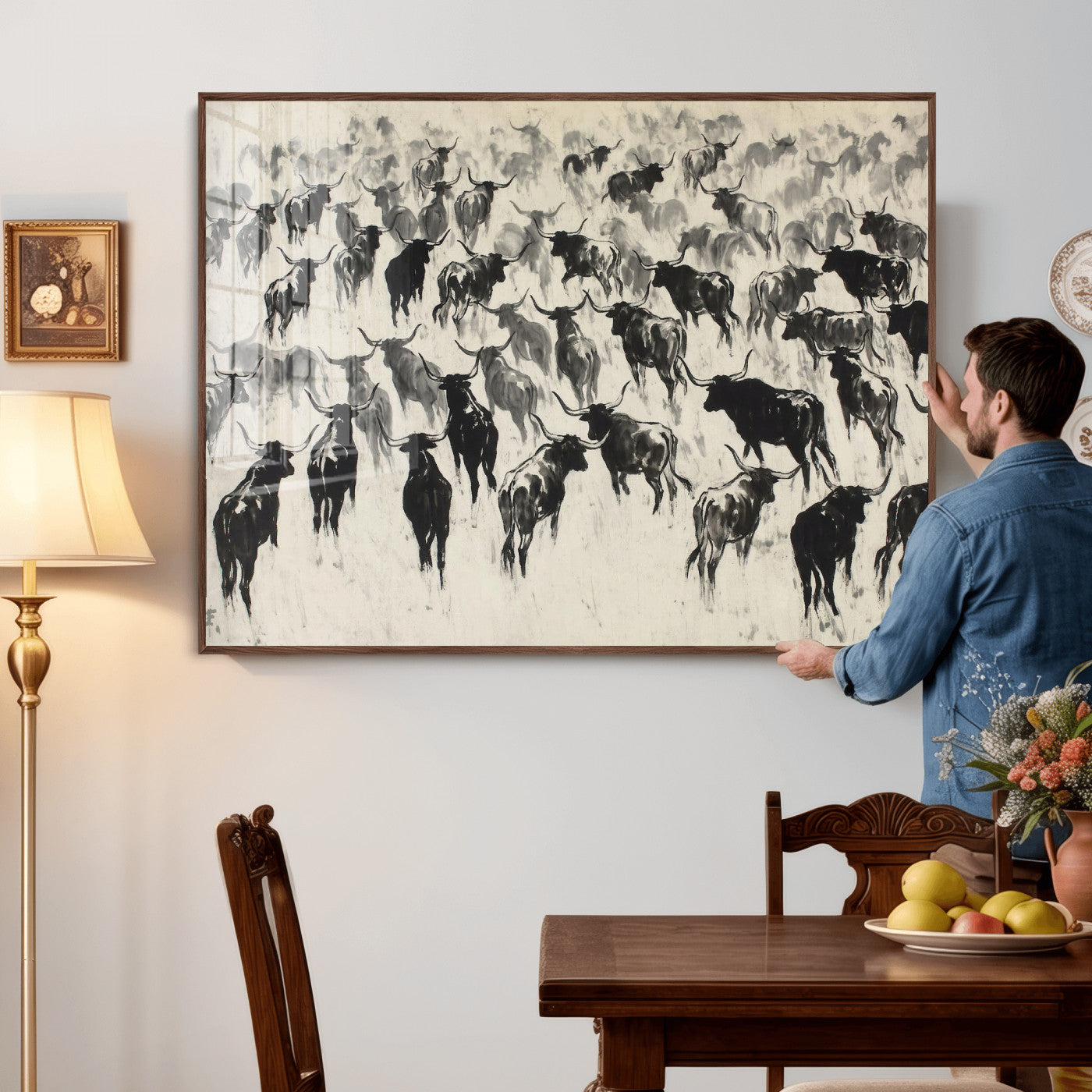 68669792-MGV-CV-36X24 - Longhorn Cattle Canvas Wall Art, Black White Stampede Ink Painting Print, Western Farmhouse Decor, Bull Herd Art, Large Living Room Wall Art, Ranch Home Decor