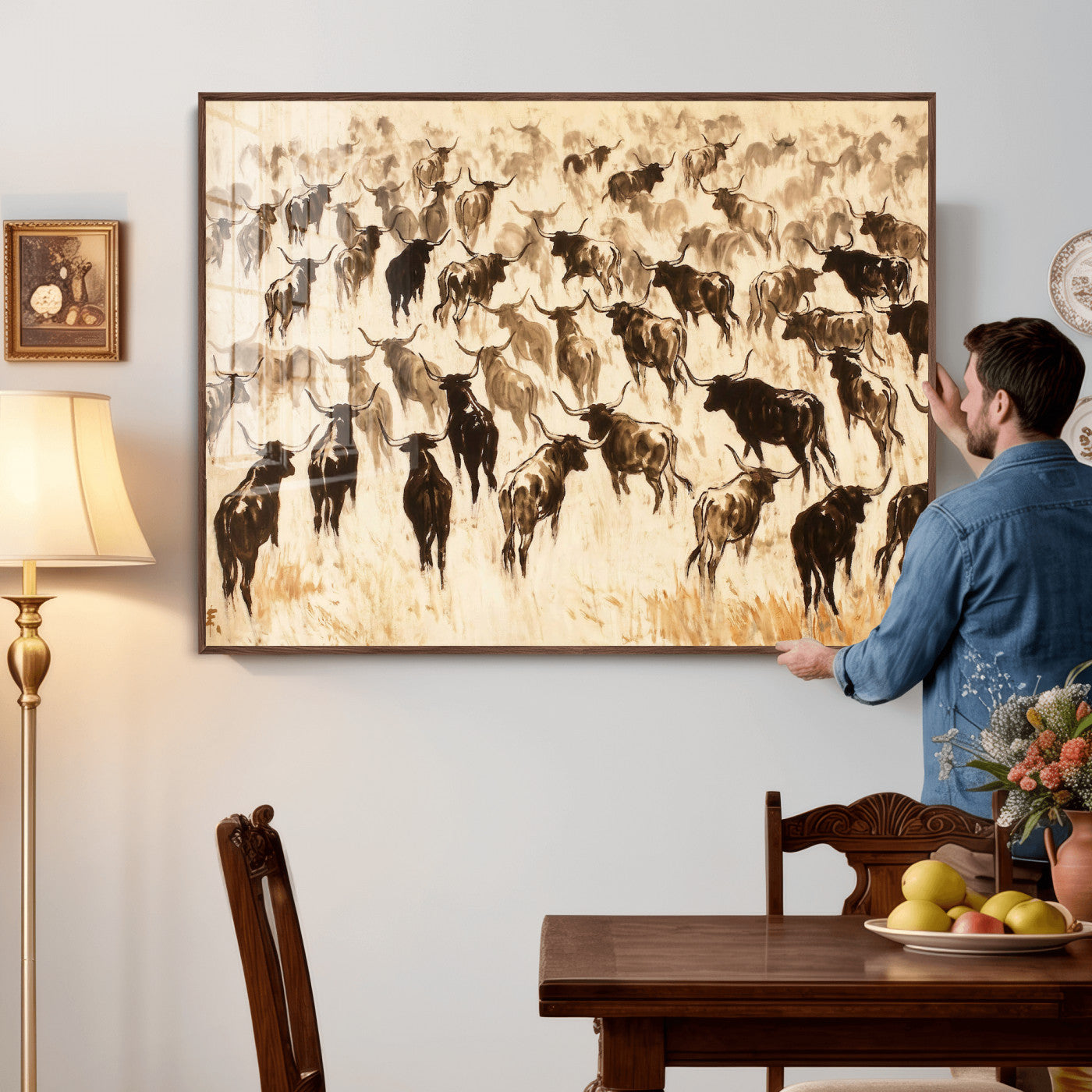 39077774-MGV-CV-36X24 - Texas Longhorn Sepia Canvas Wall Art, Western Cattle Stampede Painting Print, Warm Amber Ranch Decor, Rustic Cowboy Home Art, Large Living Room Decor