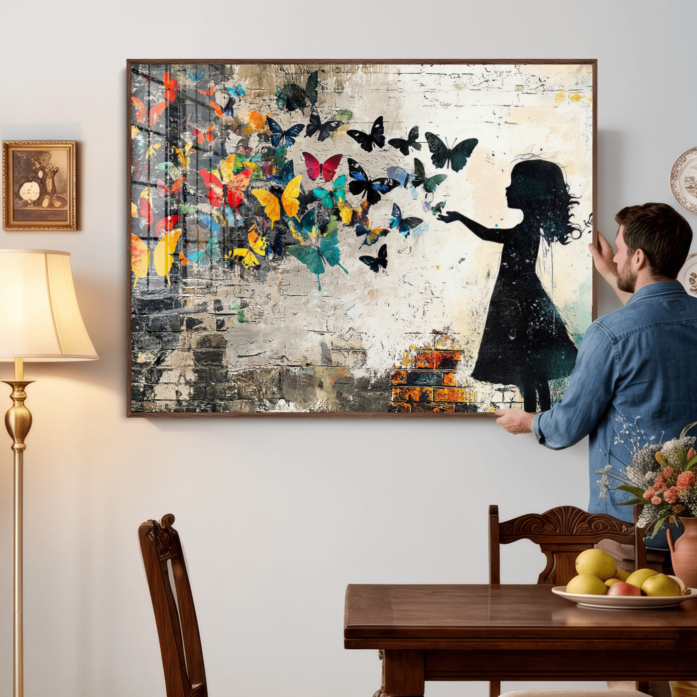 33909022-MGV-CV-36X24 - Banksy Butterfly Girl Wall Art Canvas Print, Framed Street Art Silhouette Graffiti Artwork, Colorful Butterfly Wall Decor for Living Room Bedroom Office