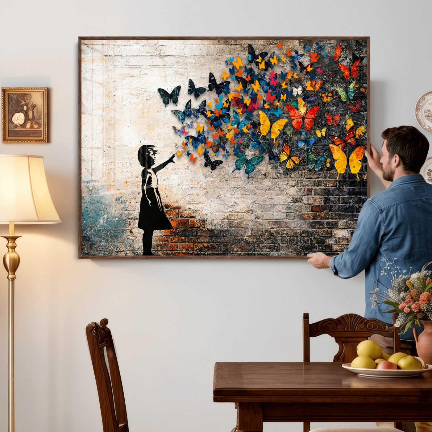 78760384-MGV-CV-36X24 - Banksy Graffiti Butterfly Girl Wall Art Canvas Print, Framed Street Art Canvas Print, Silhouette Butterfly Wall Art for Living Room Bedroom Office