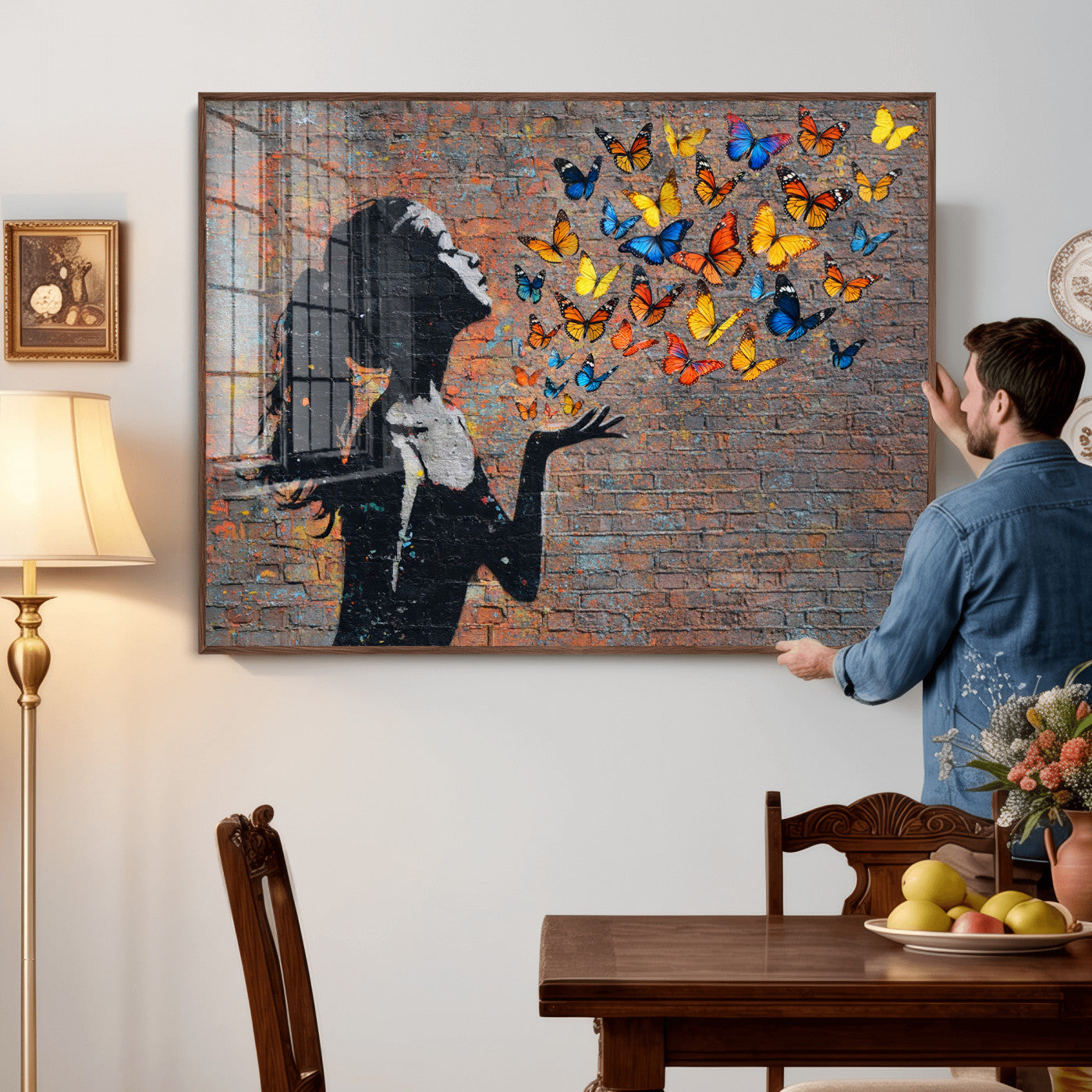 10555939-MGV-CV-36X24 - Urban Banksy Butterfly Girl Wall Art Canvas Print, Framed Street Art Canvas Print, Graffiti Silhouette Butterfly Wall Art for Living Room Bedroom Office