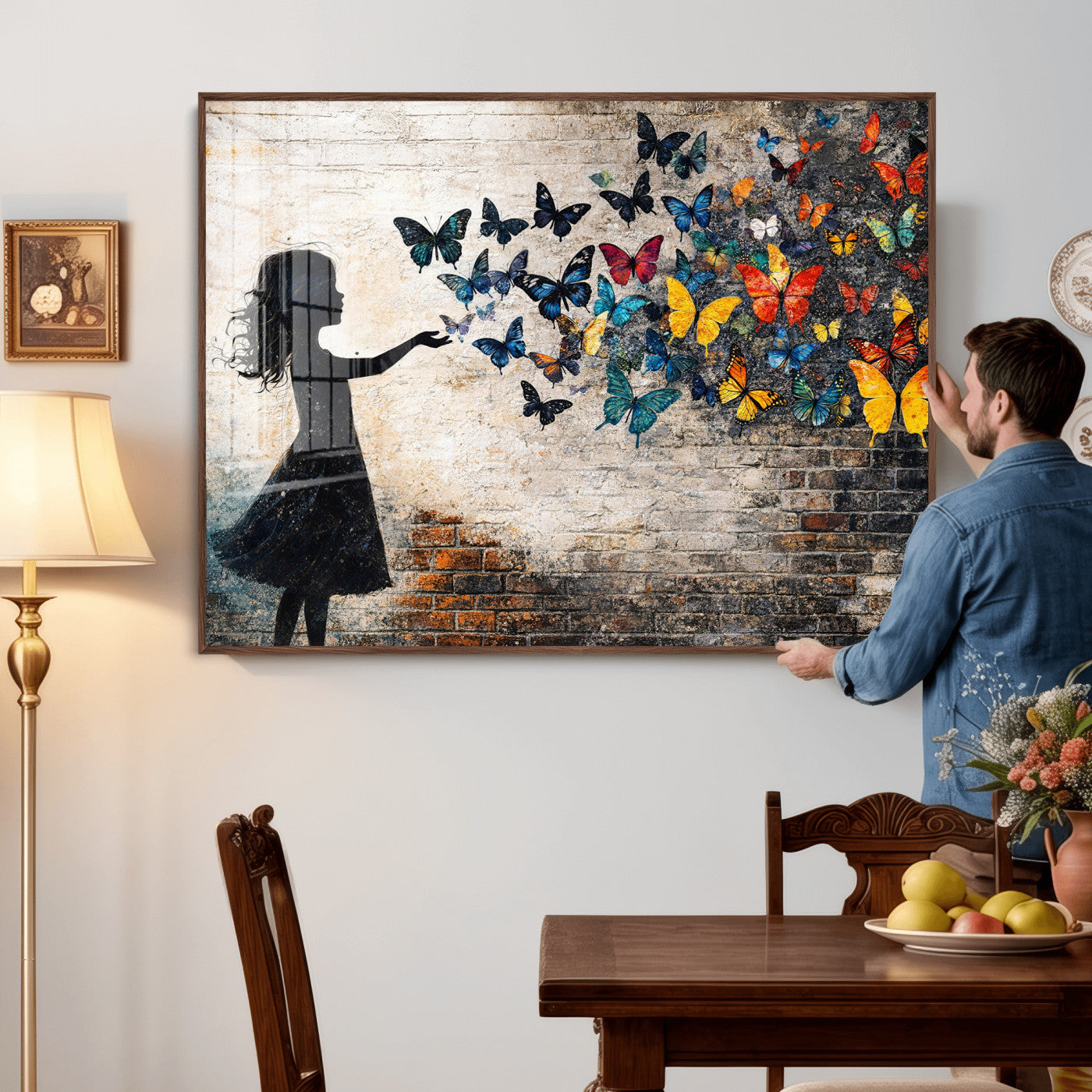 70522594-MGV-CV-36X24 - Banksy Butterfly Girl Wall Art Canvas Print, Framed Street Art Canvas Print, Graffiti Silhouette Butterfly Wall Art for Living Room Bedroom Office