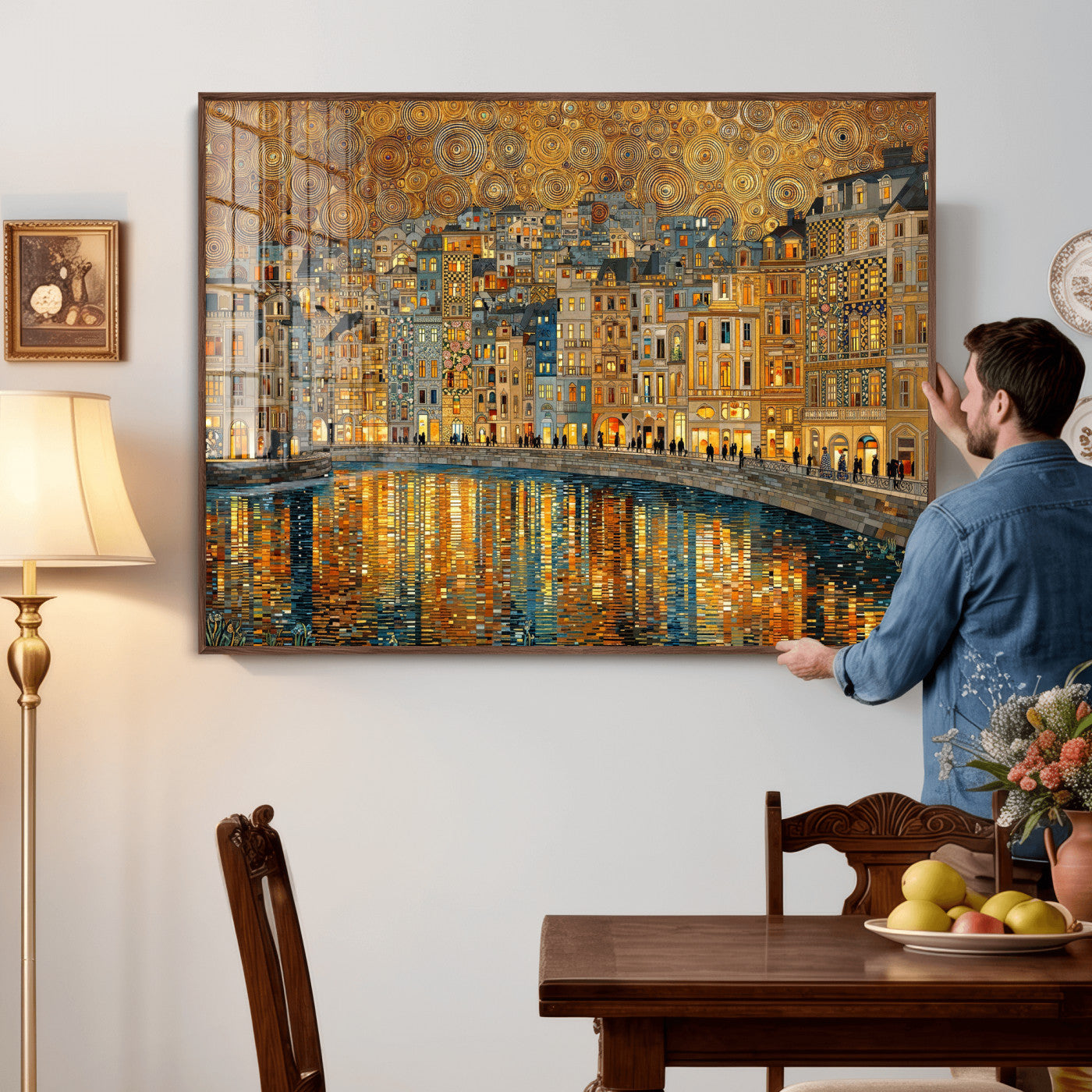 94022787-MGV-CV-36X24 - Gustav Klimt Golden Cityscape Wall Art Canvas Print, Framed River Town Landscape Artwork, Ornate Architecture Wall Decor for Living Room Bedroom Office