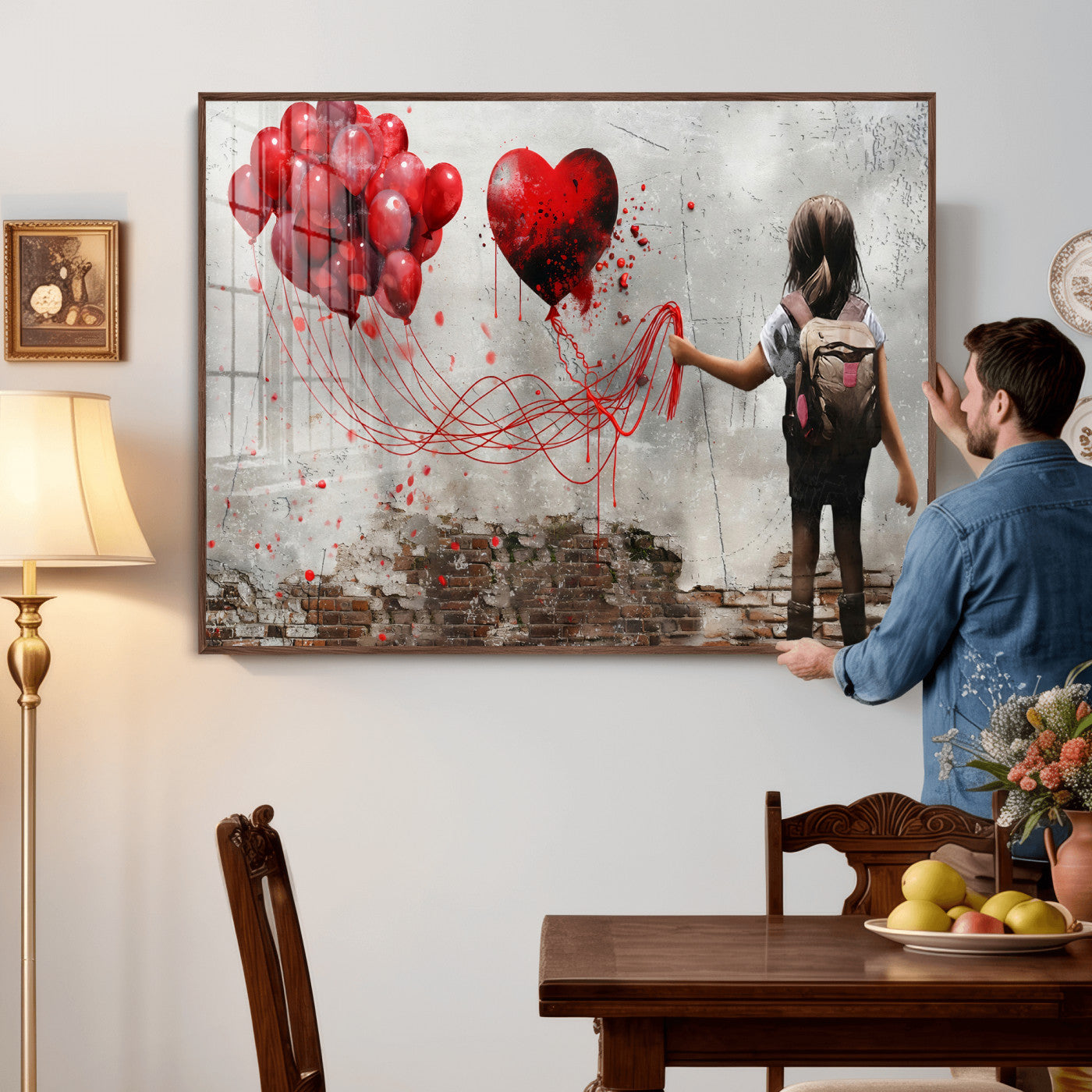 2162830T-MGV-CV-36X24 - Girl Graffiti Wall Art Canvas Print, Red Balloon Heart Street Art, Urban Love Artwork for Living Room Bedroom Hallway Office, Modern Abstract Canvas Wall Decor Home Decor