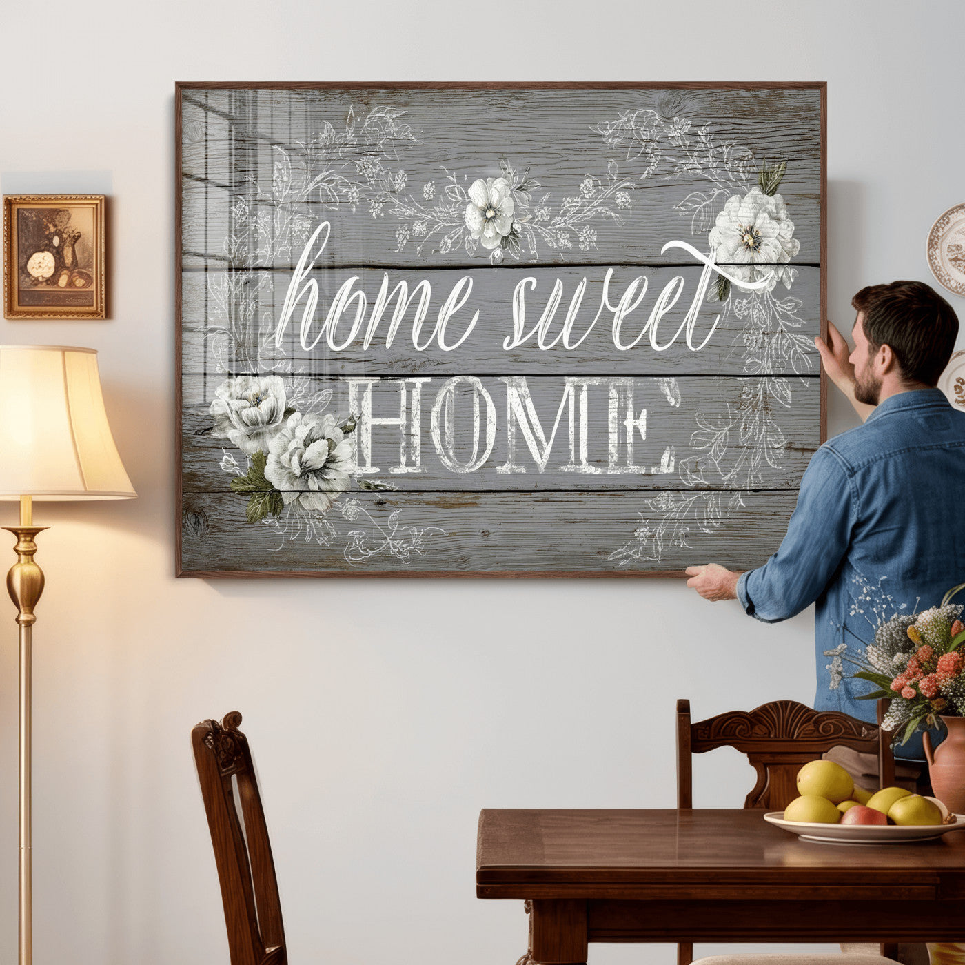 42160089-MGV-CV-36X24 - Home Sweet Home Sign Wall Art Canvas Print, Floral Farmhouse Sign, Rustic Neutral Entryway Bedroom Living Room Decor