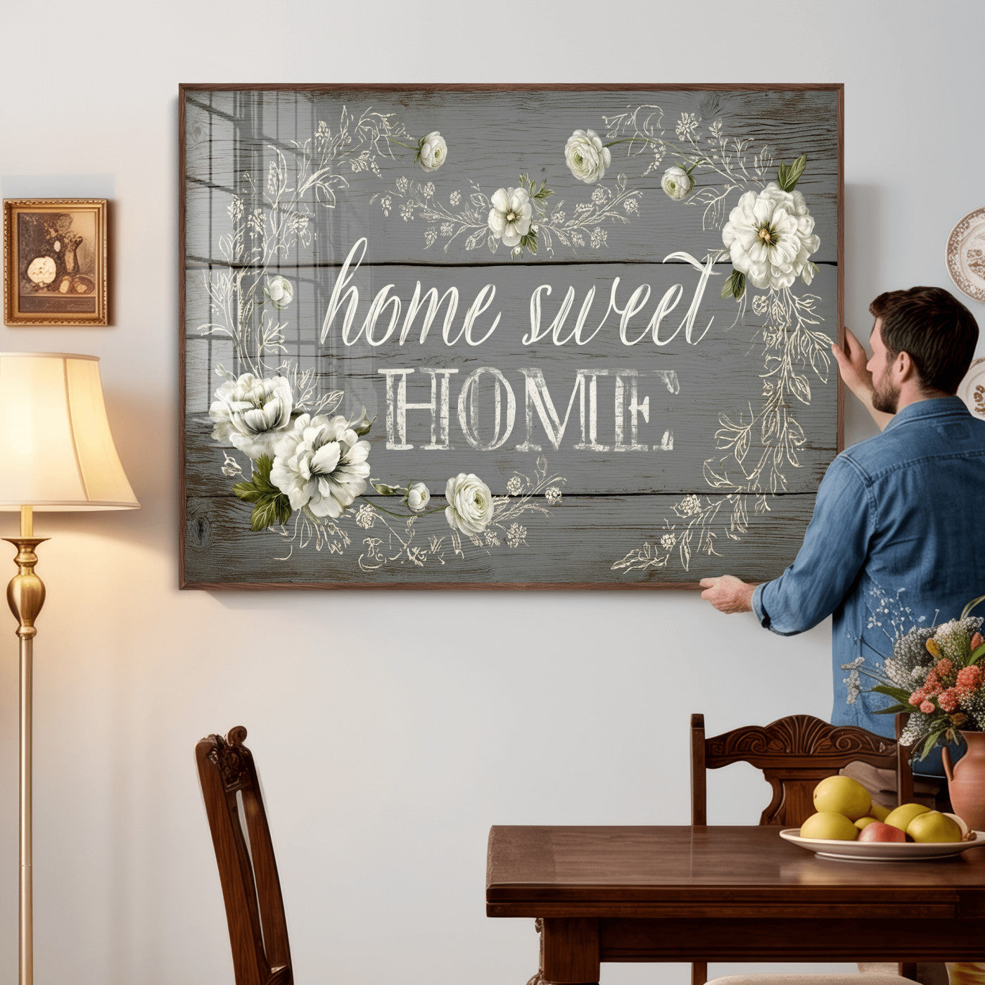 32056075-MGV-CV-36X24 - Home Sweet Home Wall Art Canvas Print, Floral Farmhouse Sign, Rustic Neutral Entryway Bedroom Living Room Decor