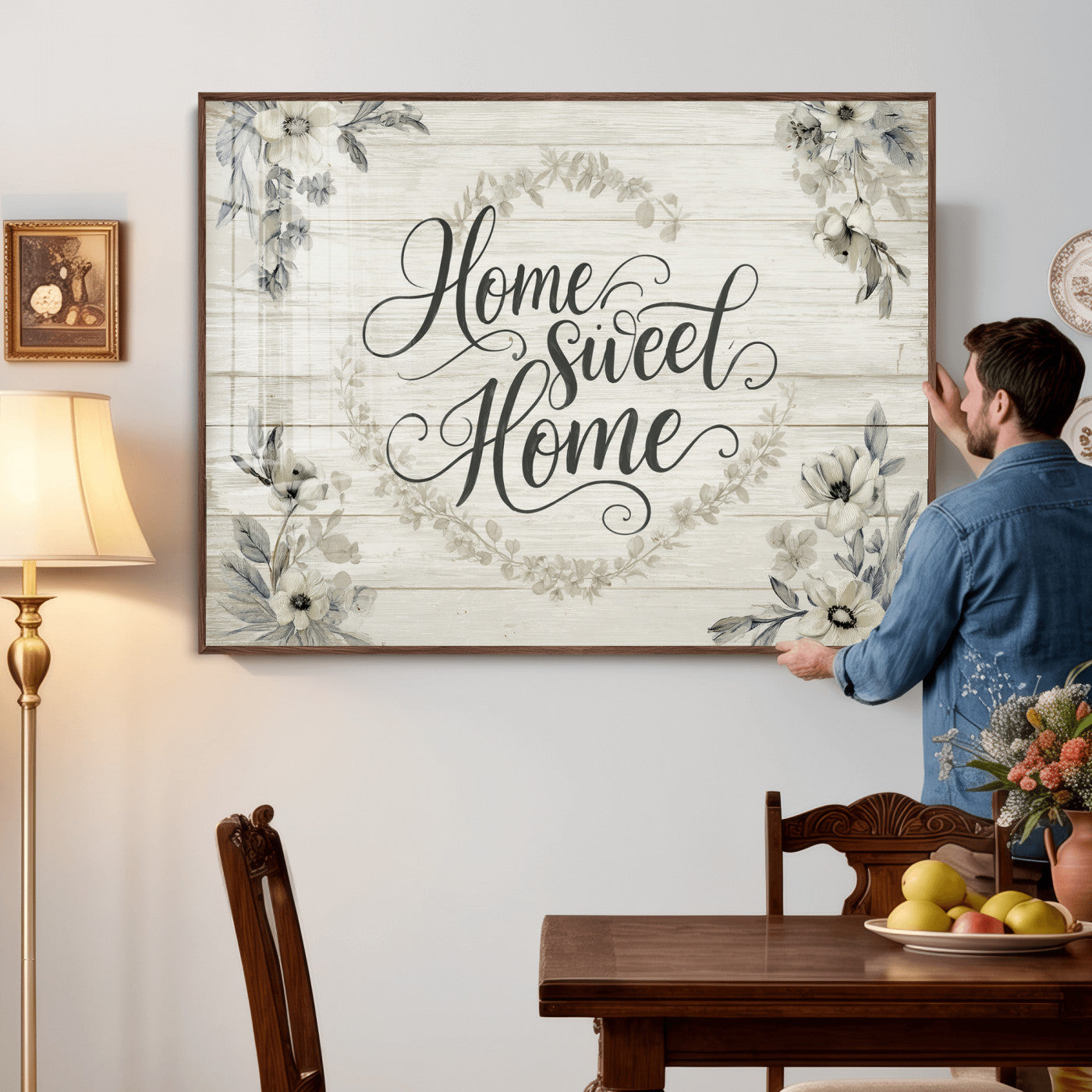 81157008-MGV-CV-36X24 - Home Sweet Home Wall Art Canvas Print, Floral Farmhouse Sign, Rustic Neutral Entryway Bedroom Living Room Decor