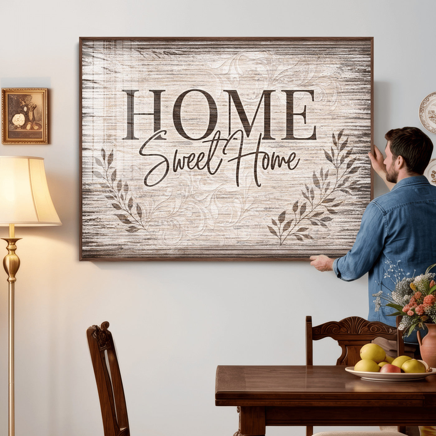 81157008S-MGV-CV-36X24 - Home Sweet Home Wall Art Canvas Print, Floral Farmhouse Sign, Rustic Neutral Entryway Bedroom Living Room Decor