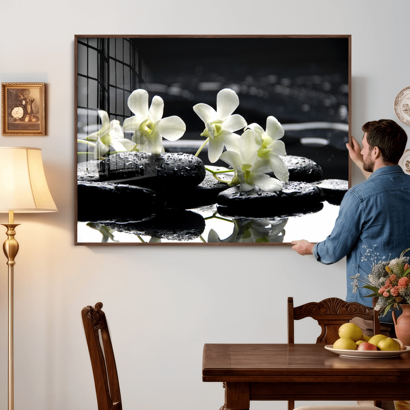 79486206-MGV-CV-36X24 - Plumeria Frangipani Black Stone Canvas | White Flower Spa Photography Print | Tropical Zen Wall Art | Grey Pebble Floral for Meditation Room Decor