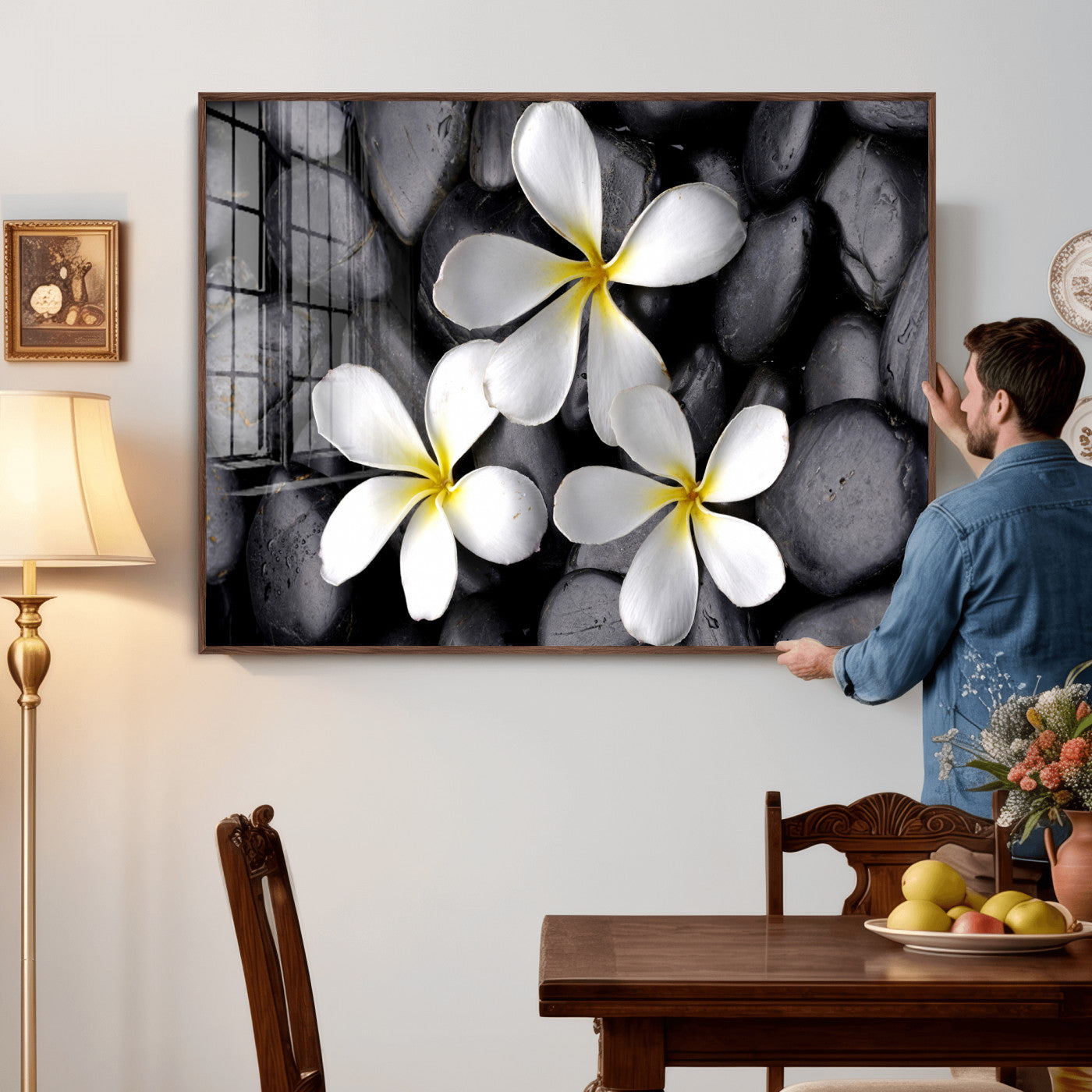 43639613-MGV-CV-36X24 - Plumeria Frangipani Black Stone Canvas | White Flower Spa Photography Print | Tropical Zen Wall Art | Grey Pebble Floral Decor